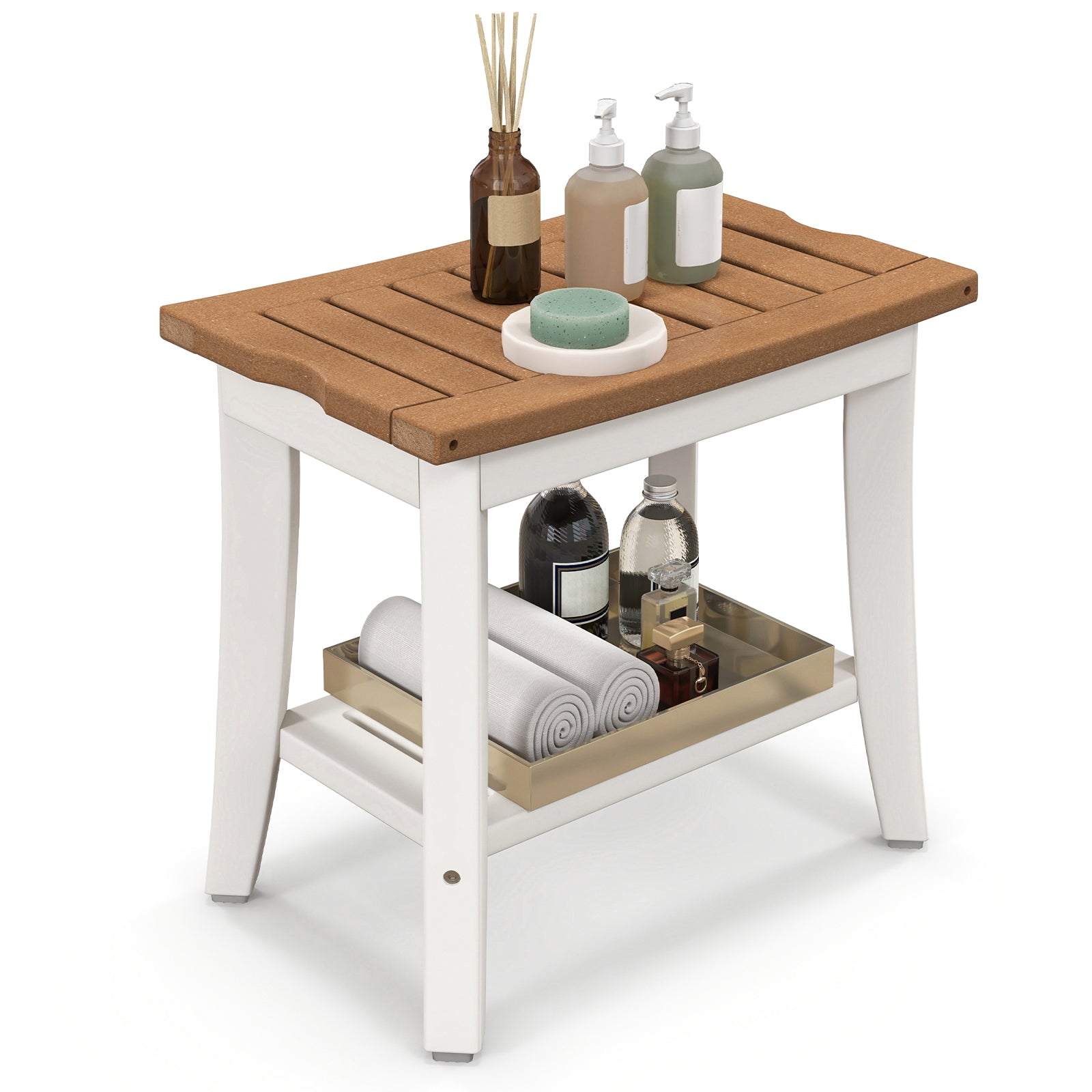 2-Tier HDPE Waterproof Shower Bench with Storage Shelf