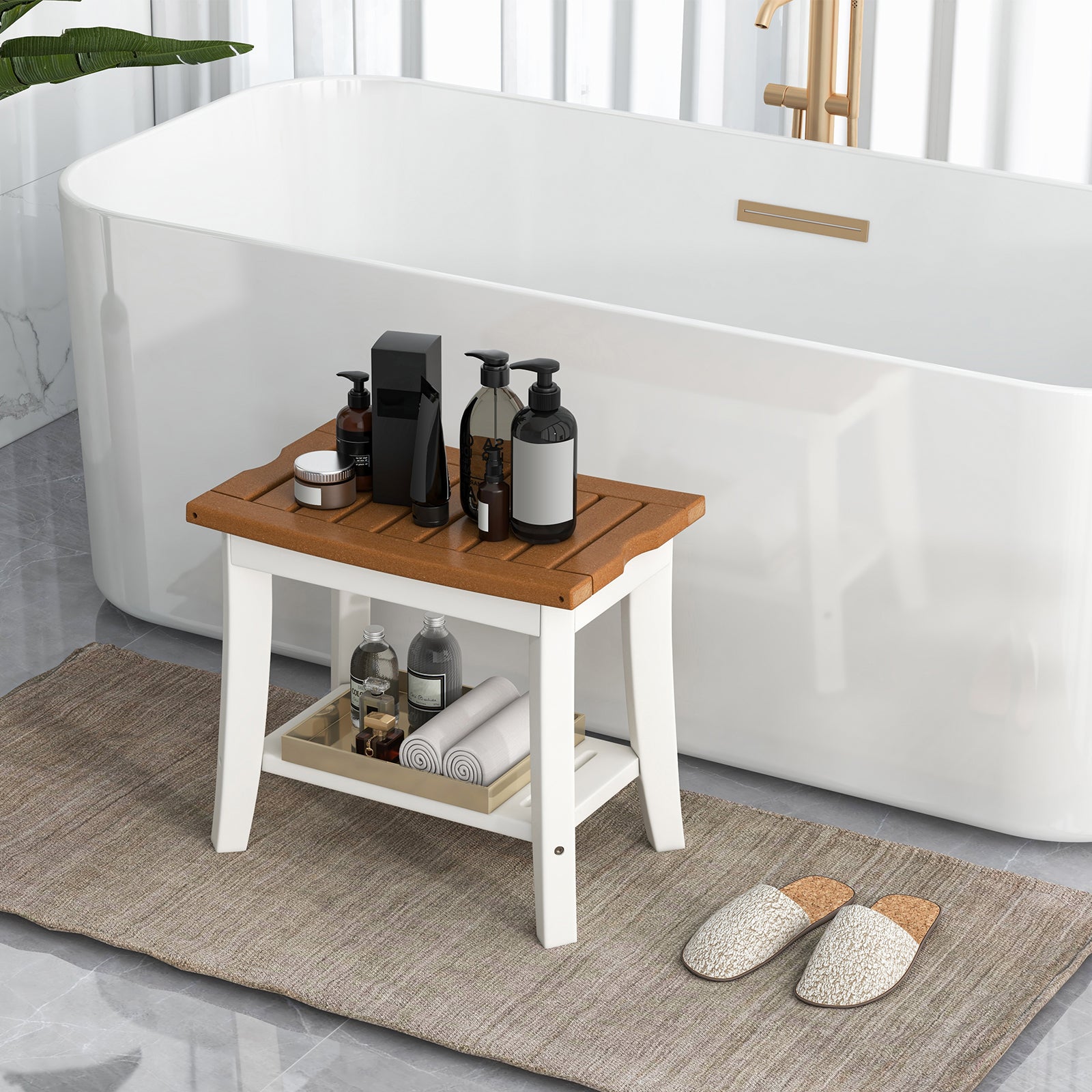 2-Tier HDPE Waterproof Shower Bench with Storage Shelf