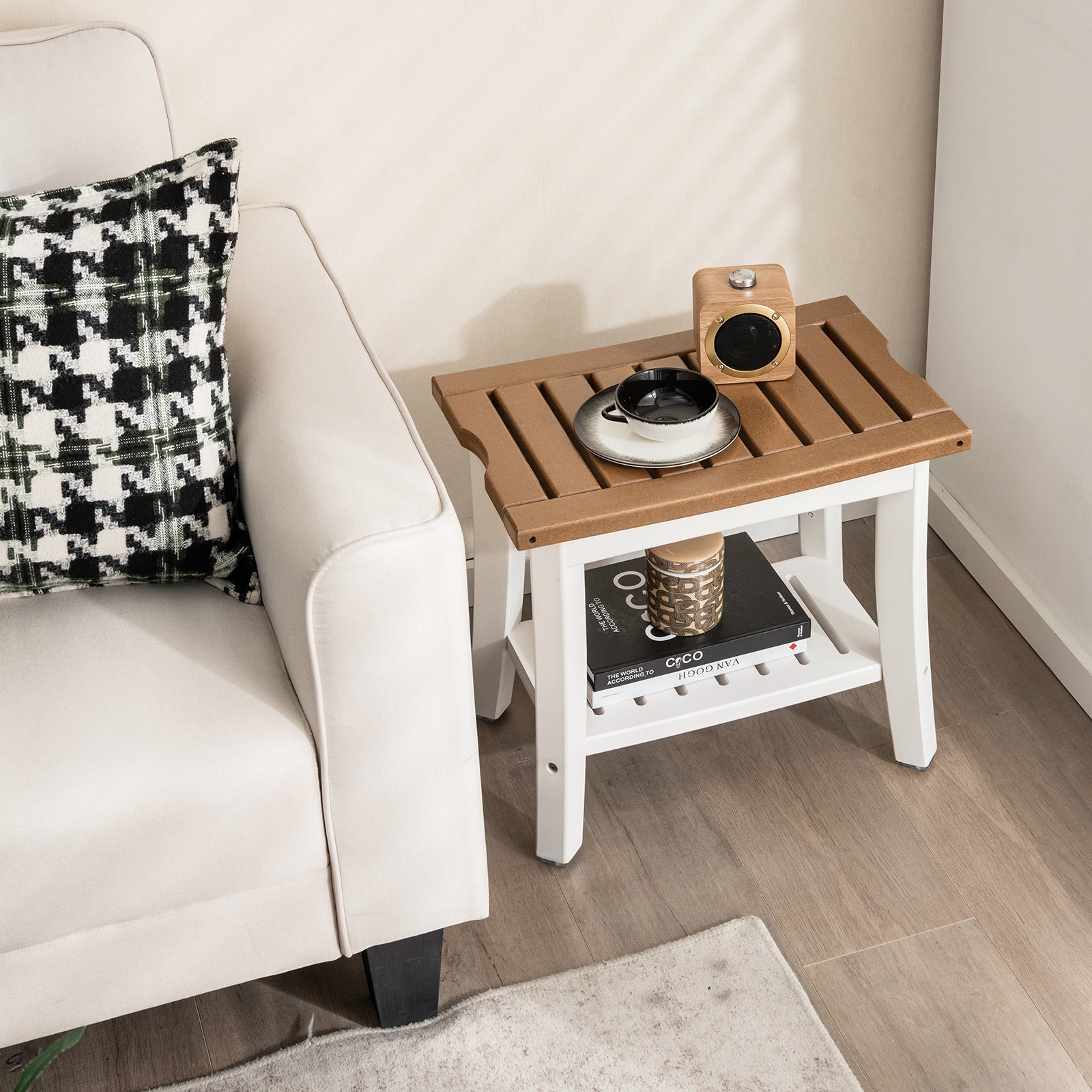 2-Tier HDPE Waterproof Shower Bench with Storage Shelf