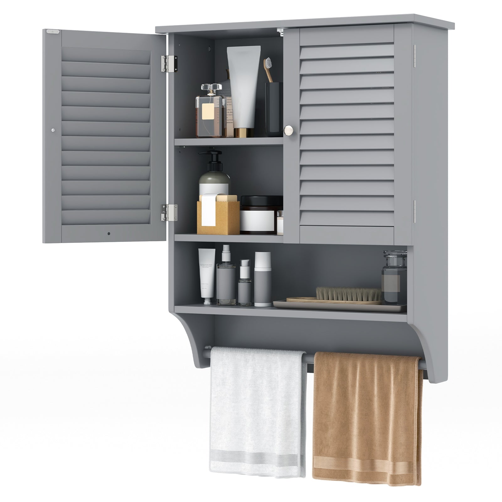 2-Doors Bathroom Wall-Mounted Medicine Cabinet with Towel Bar-Gray