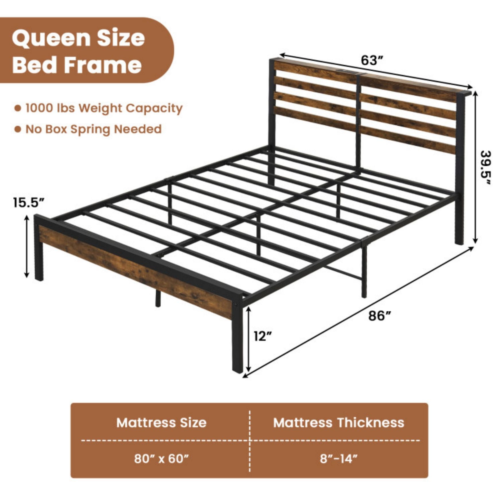SUGIFT Twin/Full/Queen Size Bed Frame with Charging Station and Storage Headboard