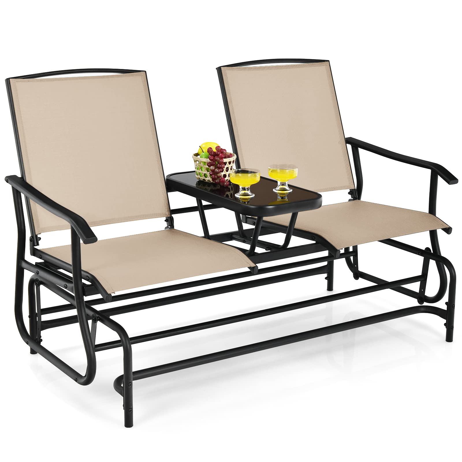 SUGIFT 2-Person Double Rocking Loveseat with Mesh Fabric and Center Tempered Glass Table
