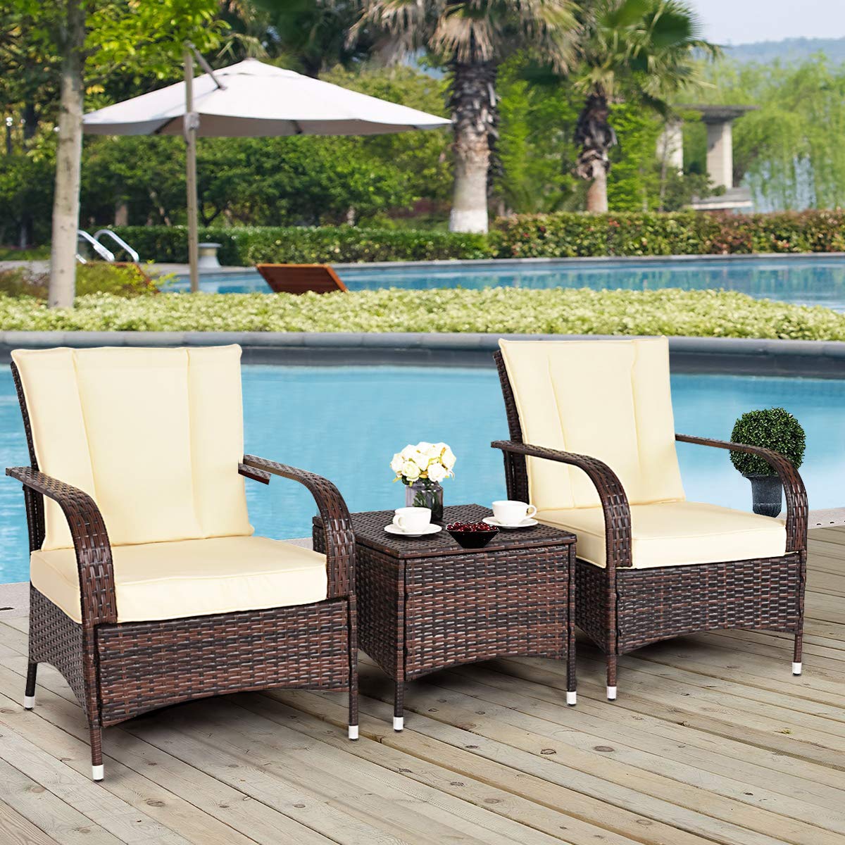 3 Pieces Patio Rattan Conversation Set with Glass Top Coffee Table and Cushions