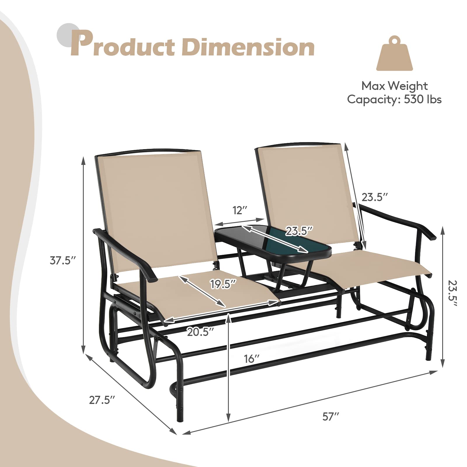 SUGIFT 2-Person Double Rocking Loveseat with Mesh Fabric and Center Tempered Glass Table
