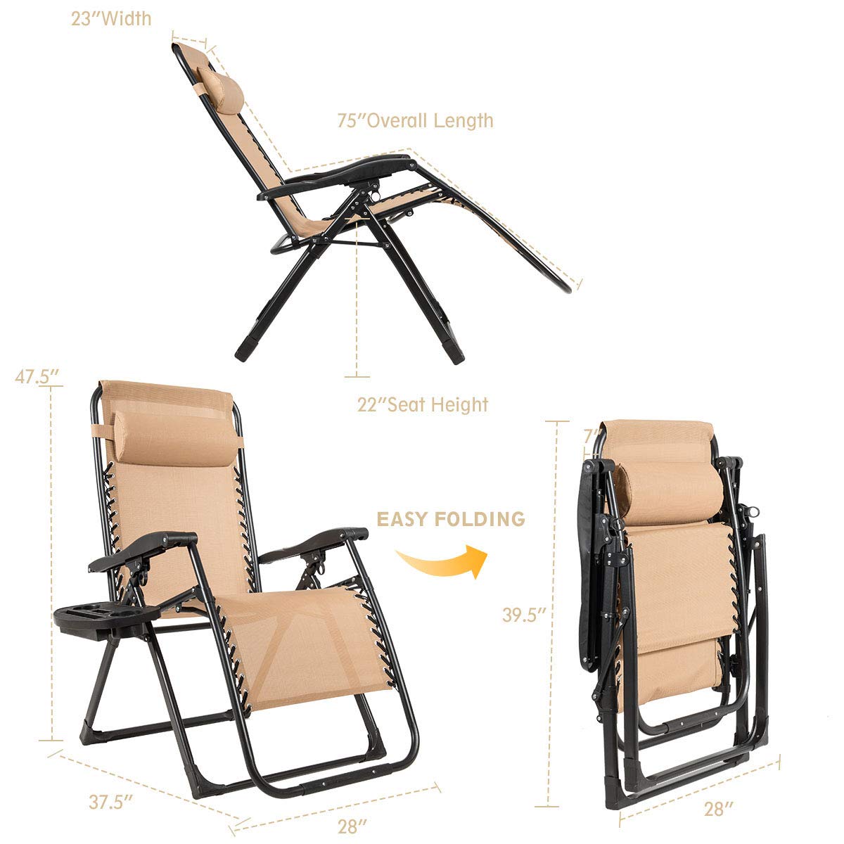 SUGIFT Oversize Lounge Chair with Cup Holder of Heavy Duty for outdoor