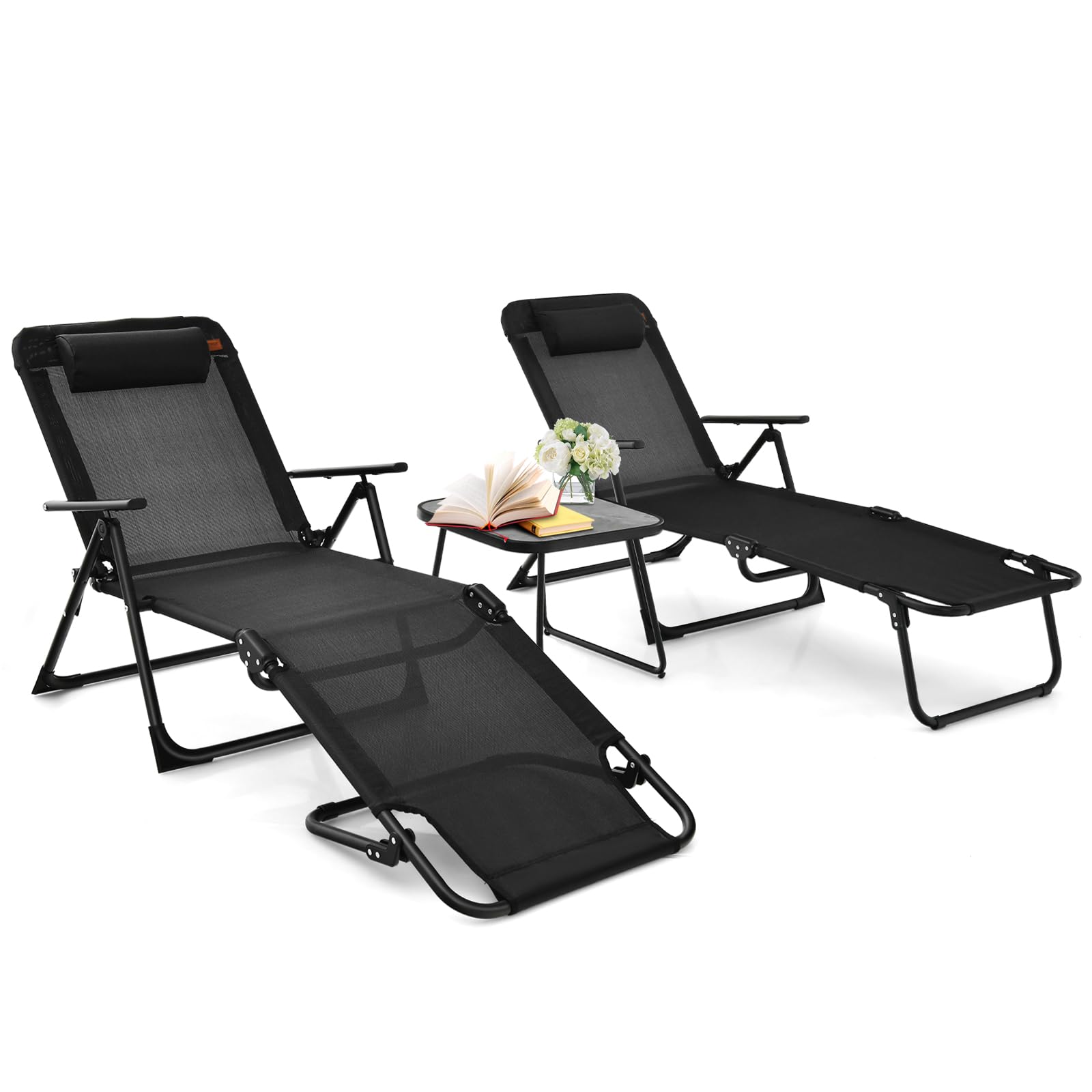 SUGIFT 3 Pieces Patio Folding Chaise Lounge Set with PVC Tabletop