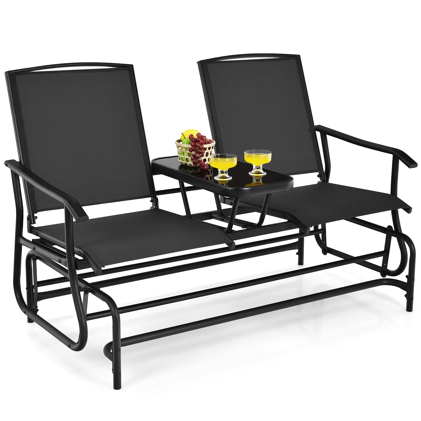 SUGIFT 2-Person Double Rocking Loveseat with Mesh Fabric and Center Tempered Glass Table