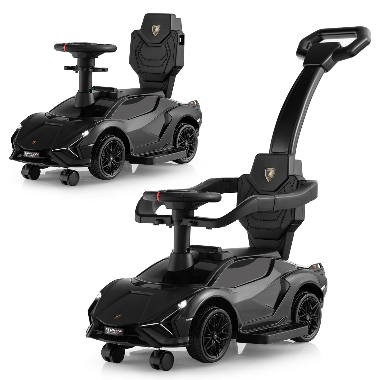 3 in 1 Licensed Lamborghini Ride Walking Toy Stroller-Black