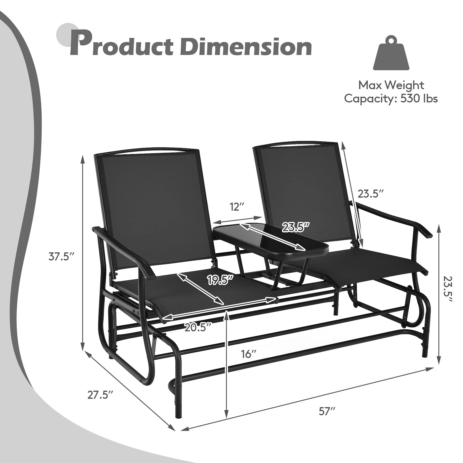 SUGIFT 2-Person Double Rocking Loveseat with Mesh Fabric and Center Tempered Glass Table