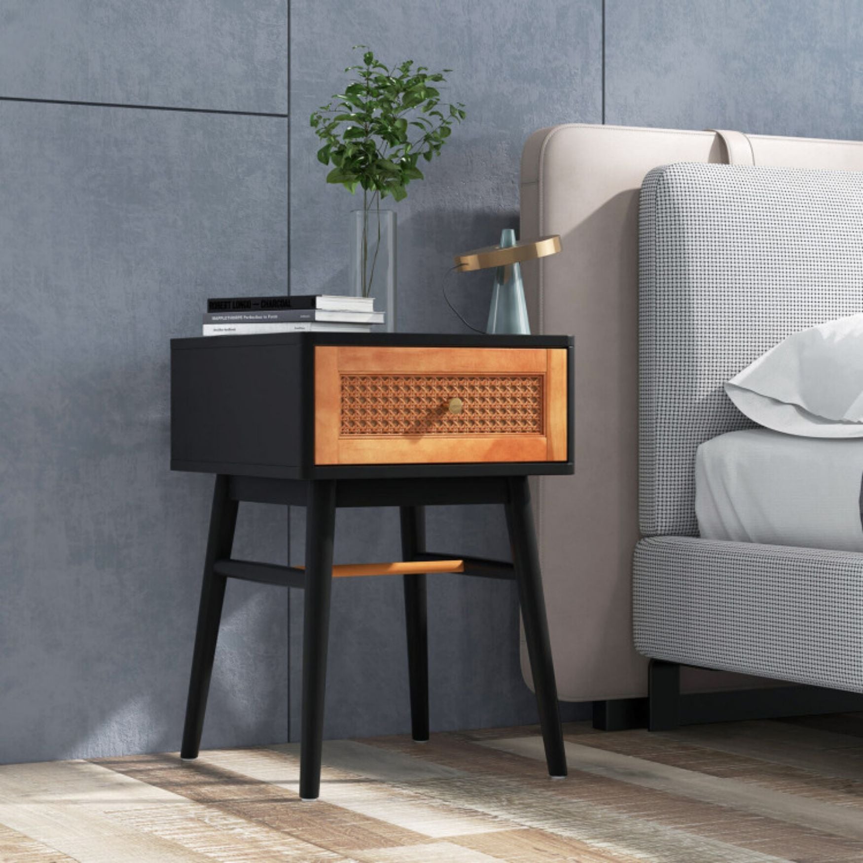 SUGIFT 1-Drawer Modern Bedside Table with Solid Wood Legs