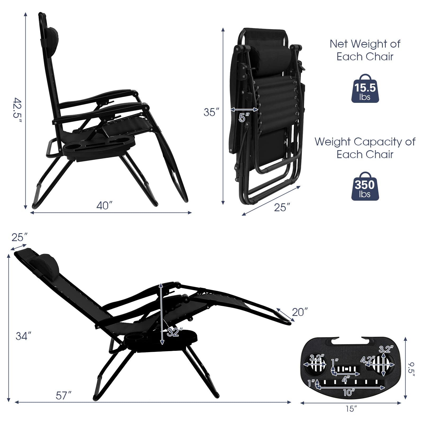 SUGIFT 2 Pieces Folding Lounge Chair with Zero Gravity