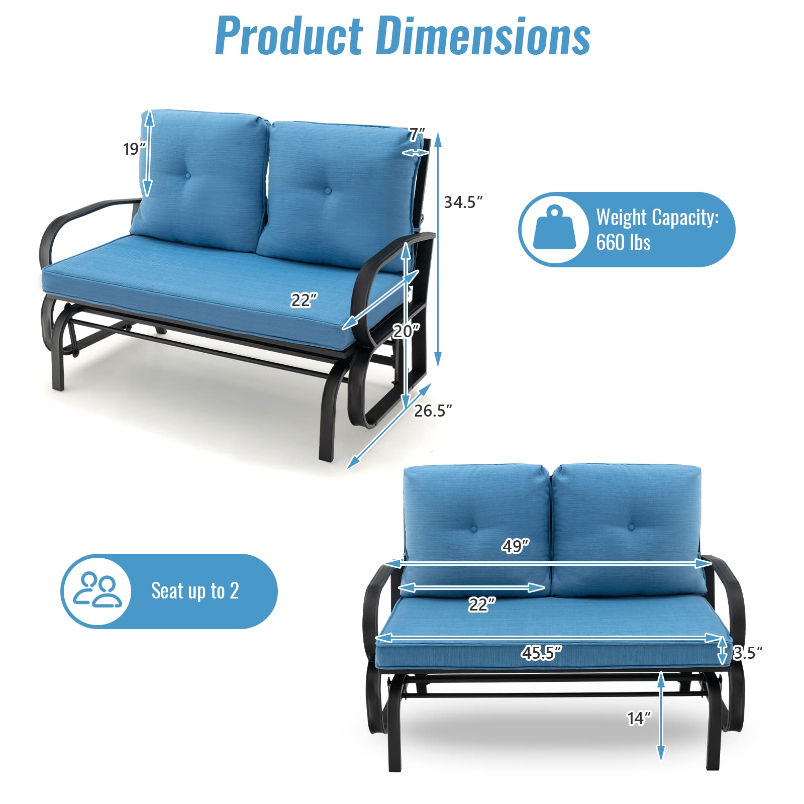 SUGIFT Patio 2-Person Glider Bench Rocking Loveseat with Cushioned Armrest