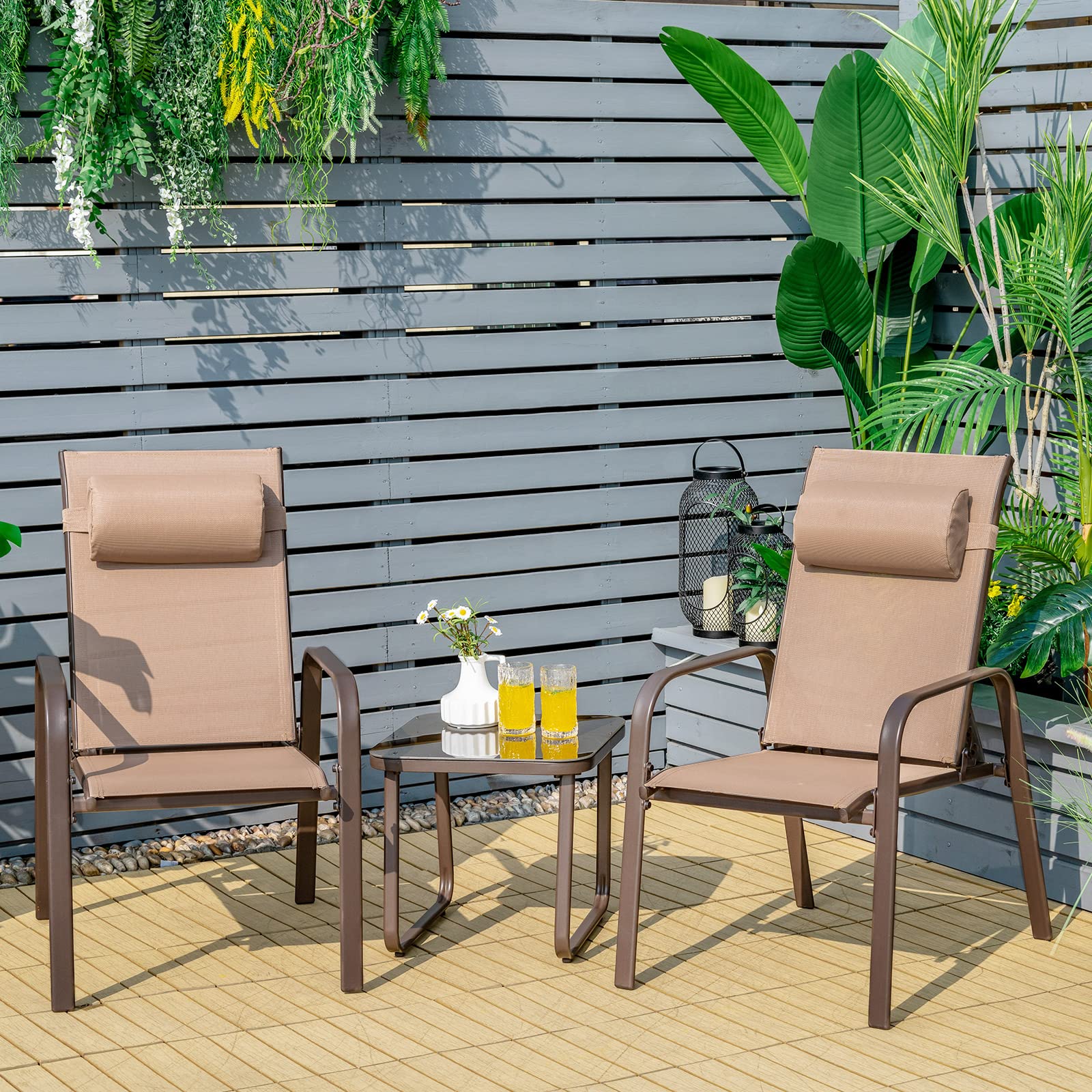 3 Pieces Stackable Patio Bistro Conversation Set with Adjustable Backrest