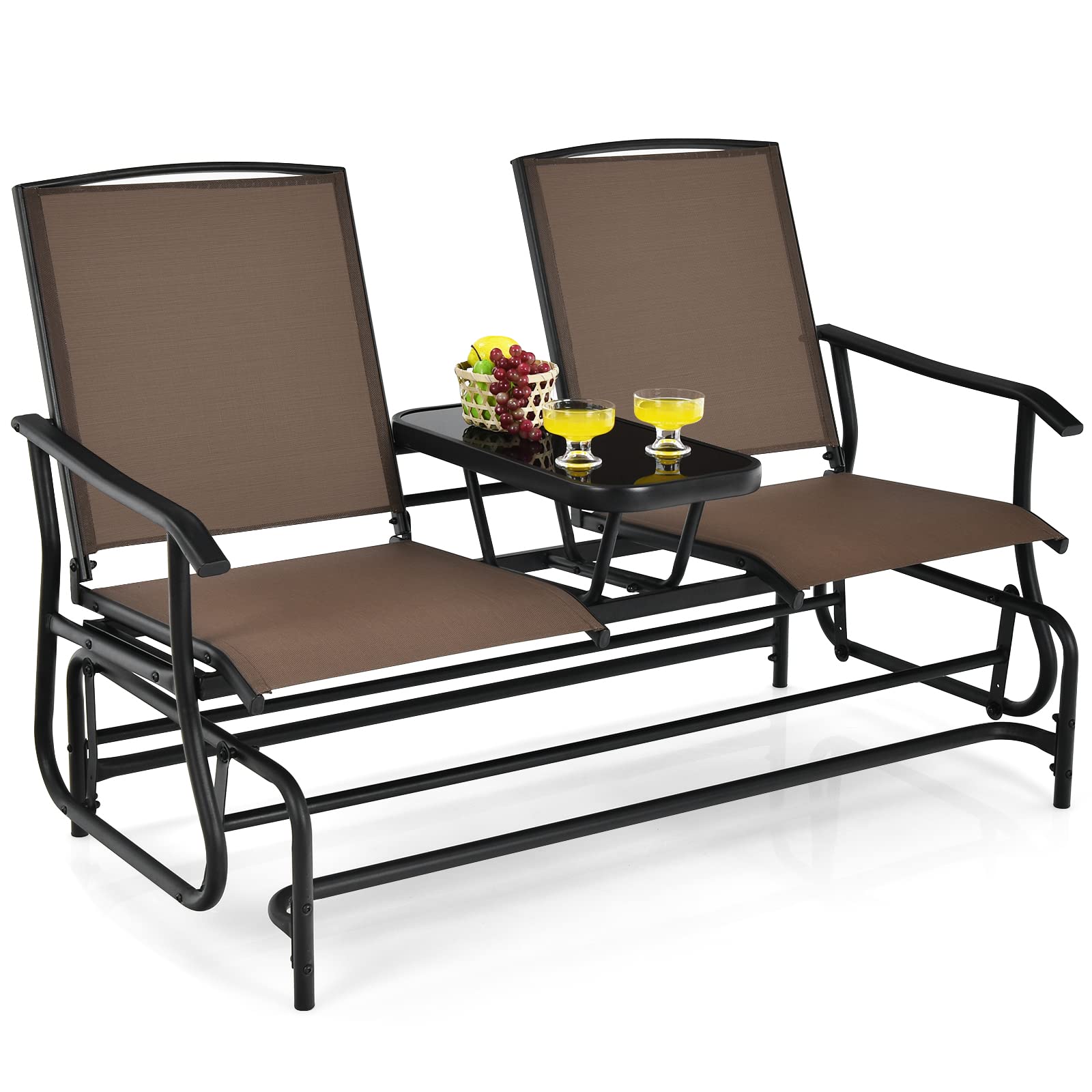 SUGIFT 2-Person Double Rocking Loveseat with Mesh Fabric and Center Tempered Glass Table