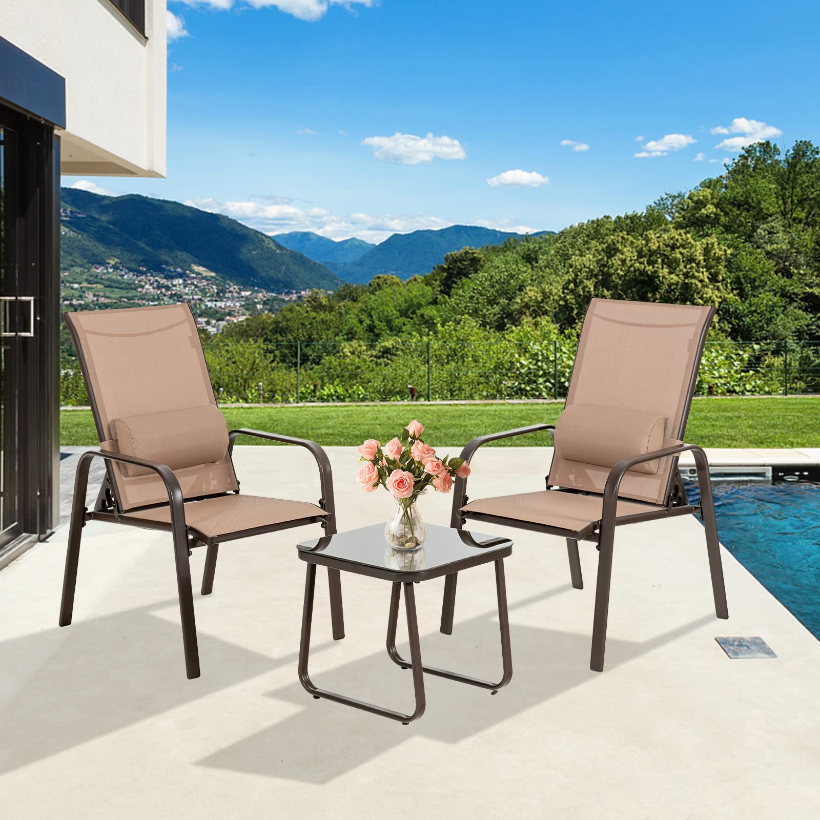 3 Pieces Stackable Patio Bistro Conversation Set with Adjustable Backrest
