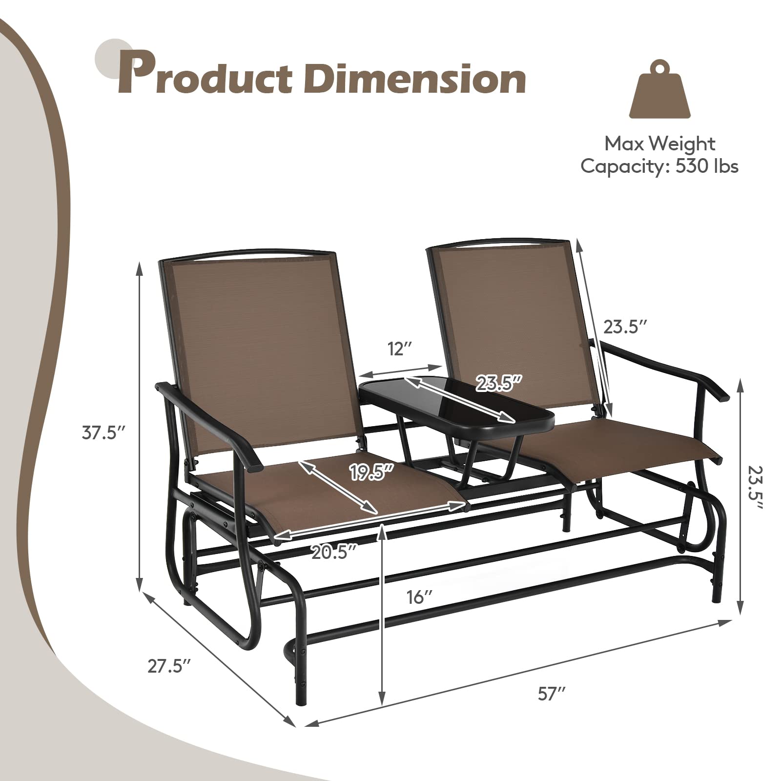 SUGIFT 2-Person Double Rocking Loveseat with Mesh Fabric and Center Tempered Glass Table