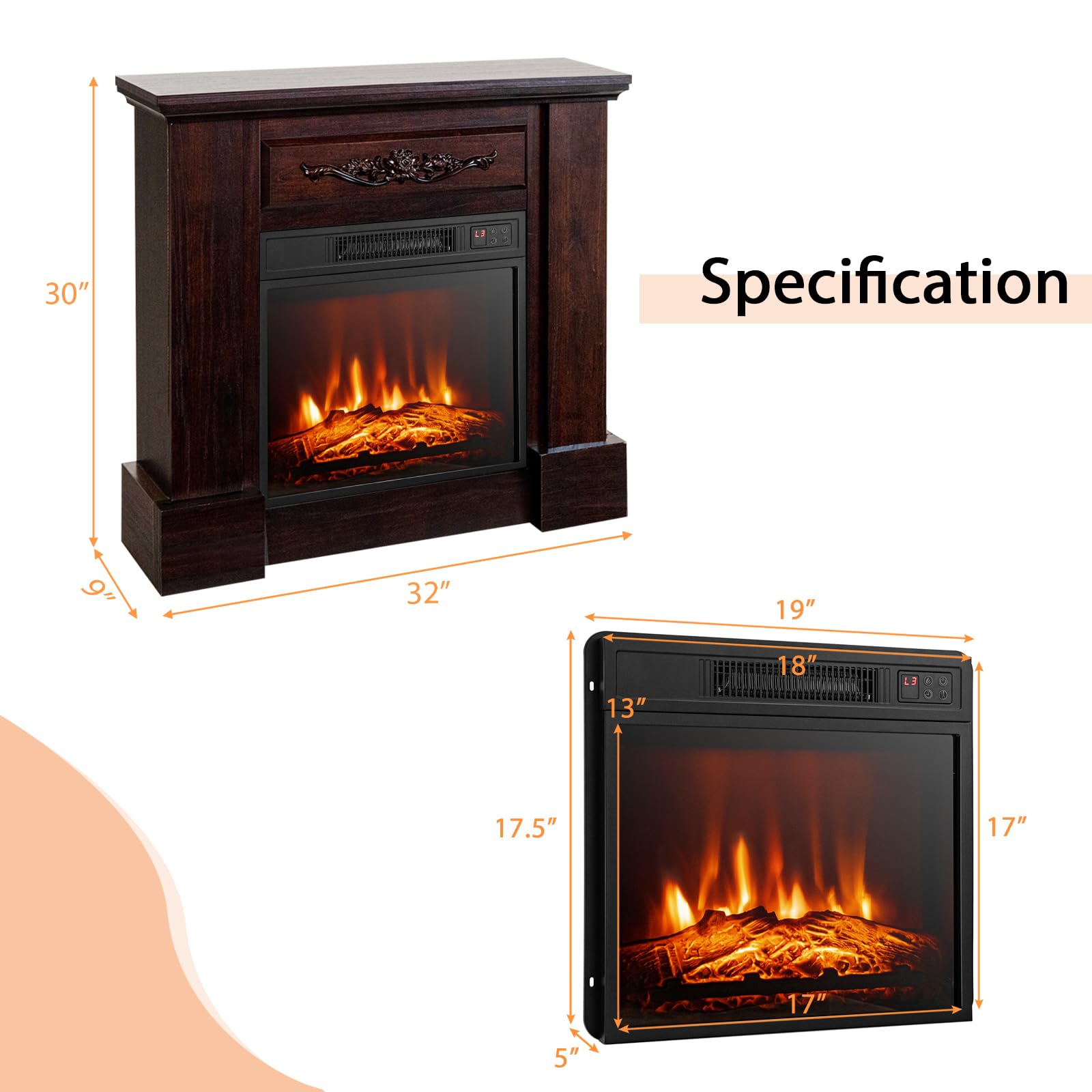 1400W TV Stand Electric Fireplace Mantel with Remote Control-Natural