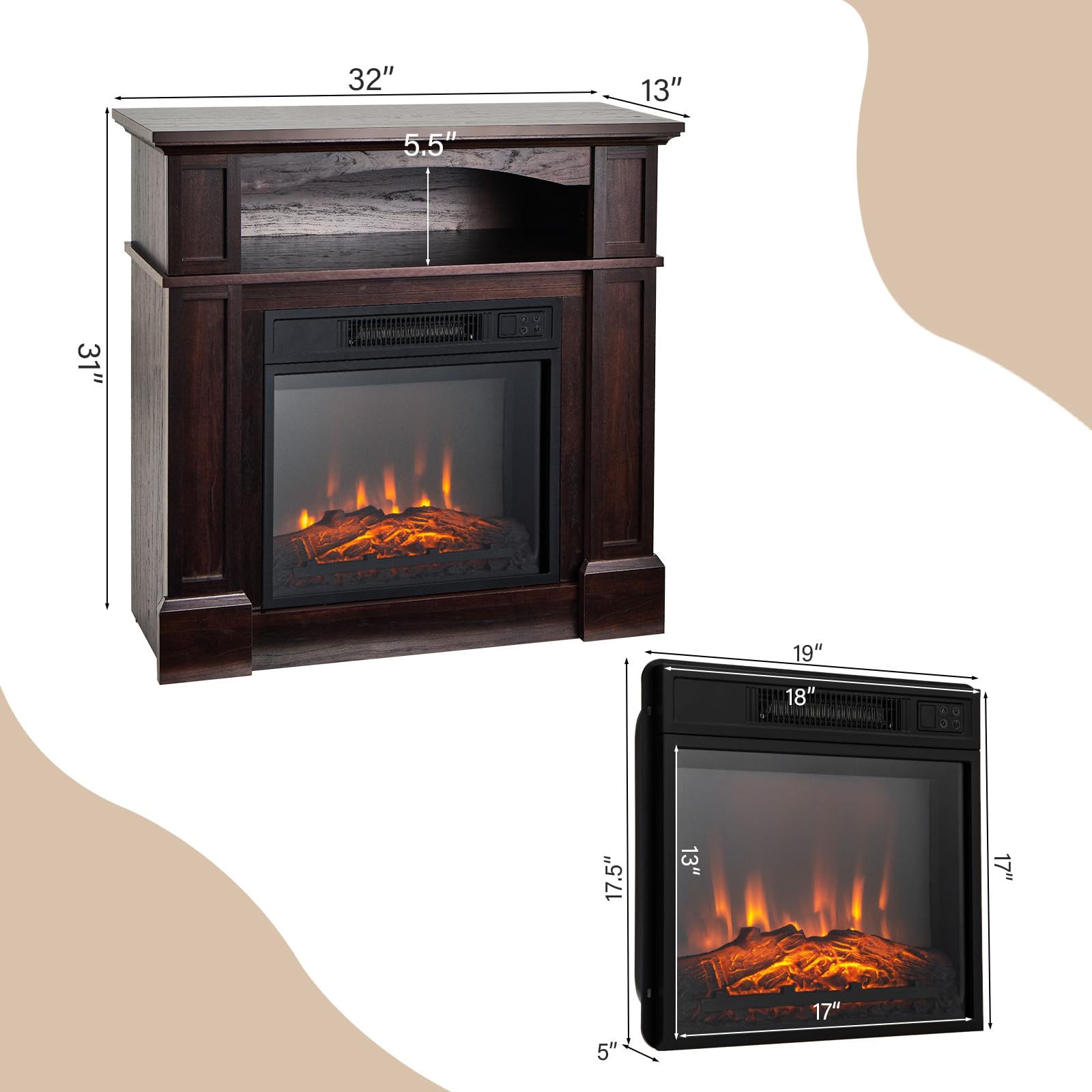 18 Inch 1400W Electric TV Stand Fireplace with Shelf-Natural