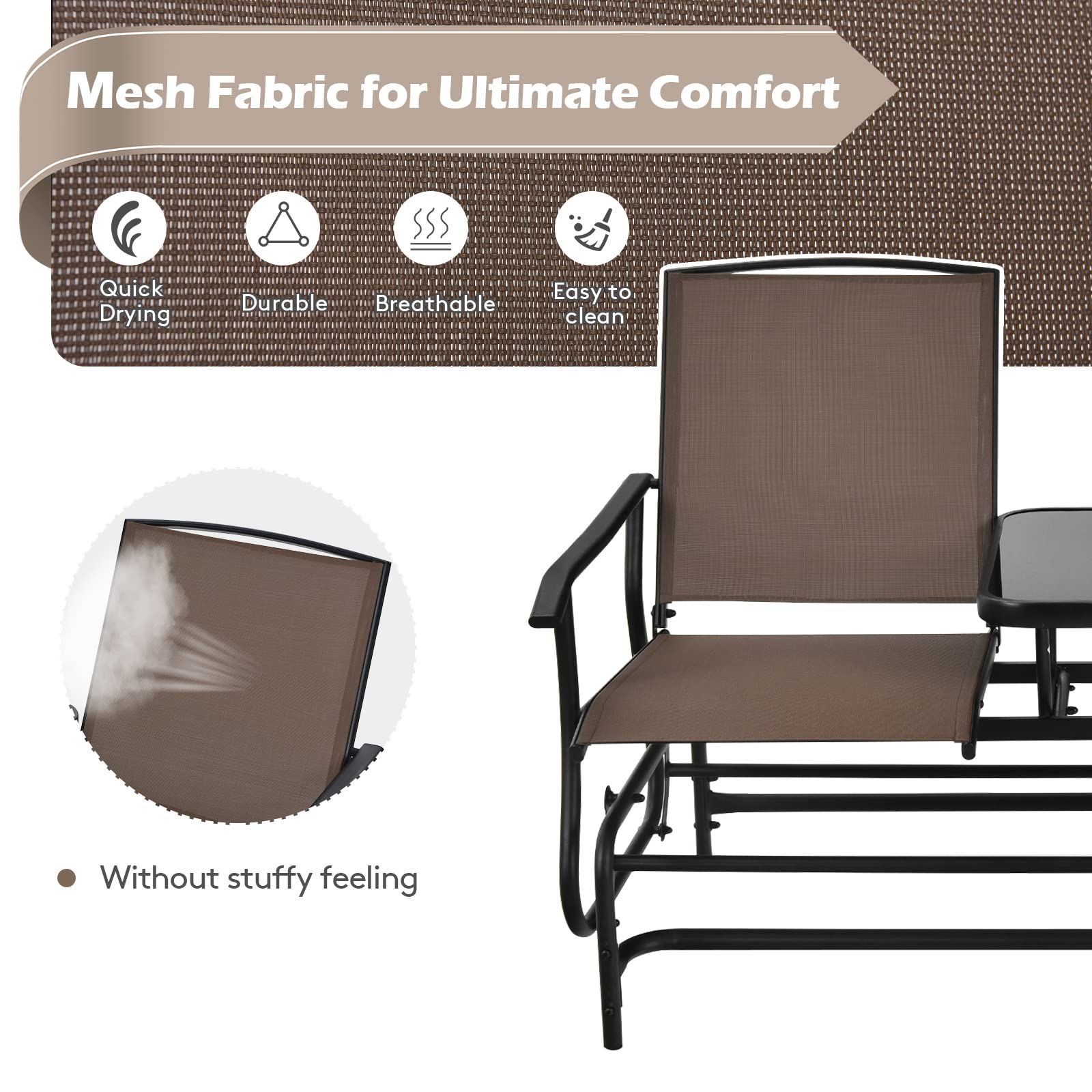 SUGIFT 2-Person Double Rocking Loveseat with Mesh Fabric and Center Tempered Glass Table