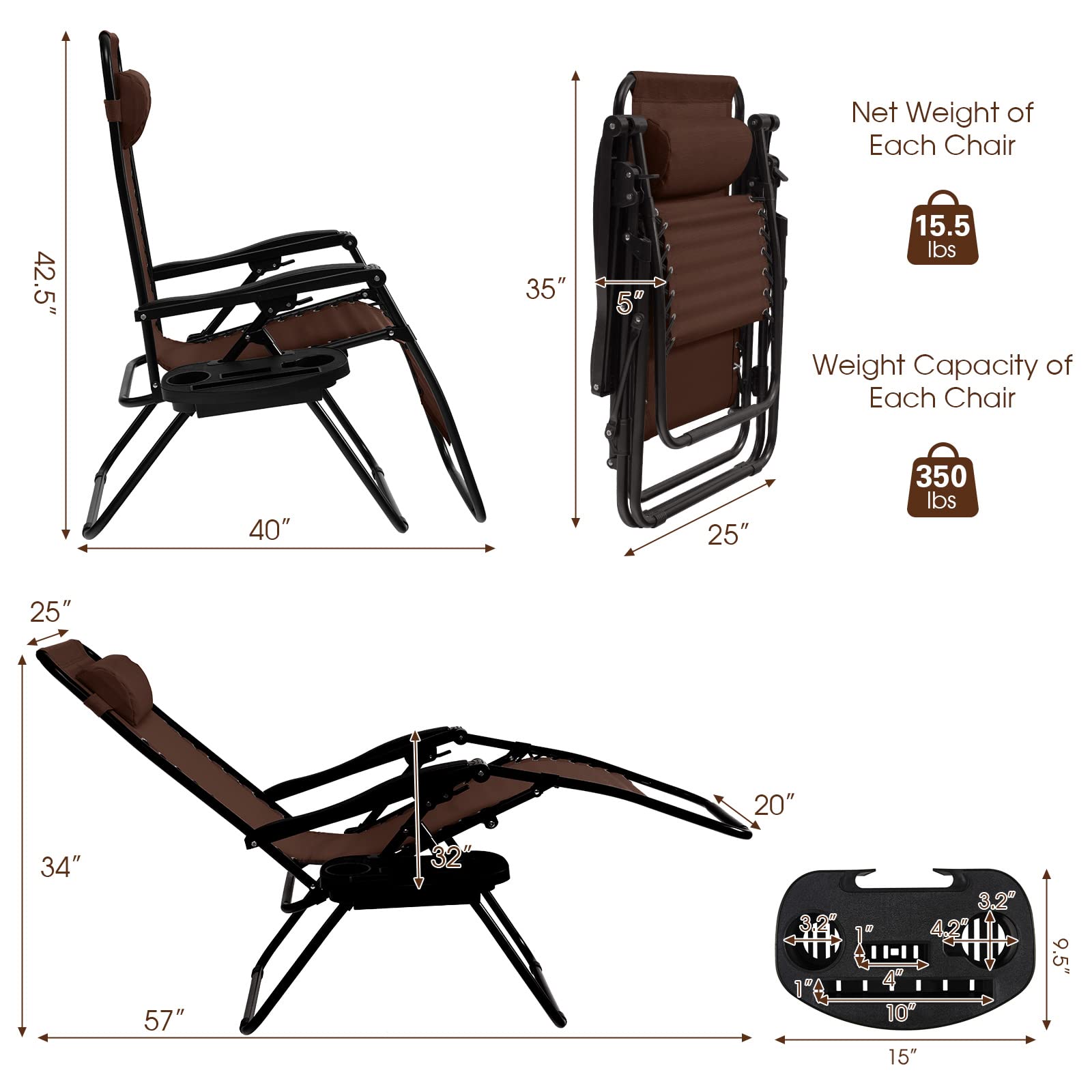 SUGIFT 2 Pieces Folding Lounge Chair with Zero Gravity