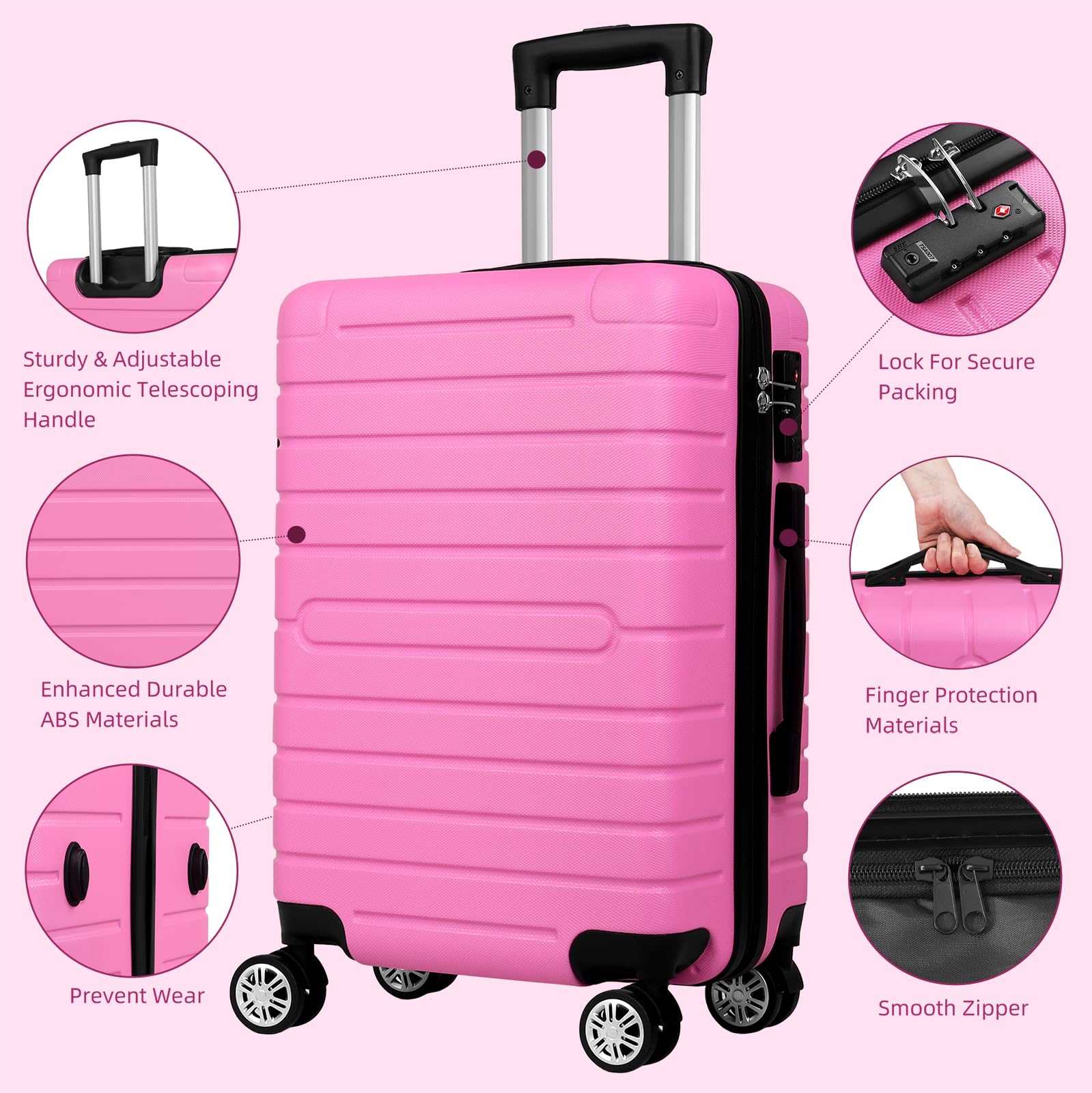 SUGIFT Pink 3-Pcs Luggage Sets, ABS Lightweight Suitcase Sets with TSA Lock and Spinner Wheels