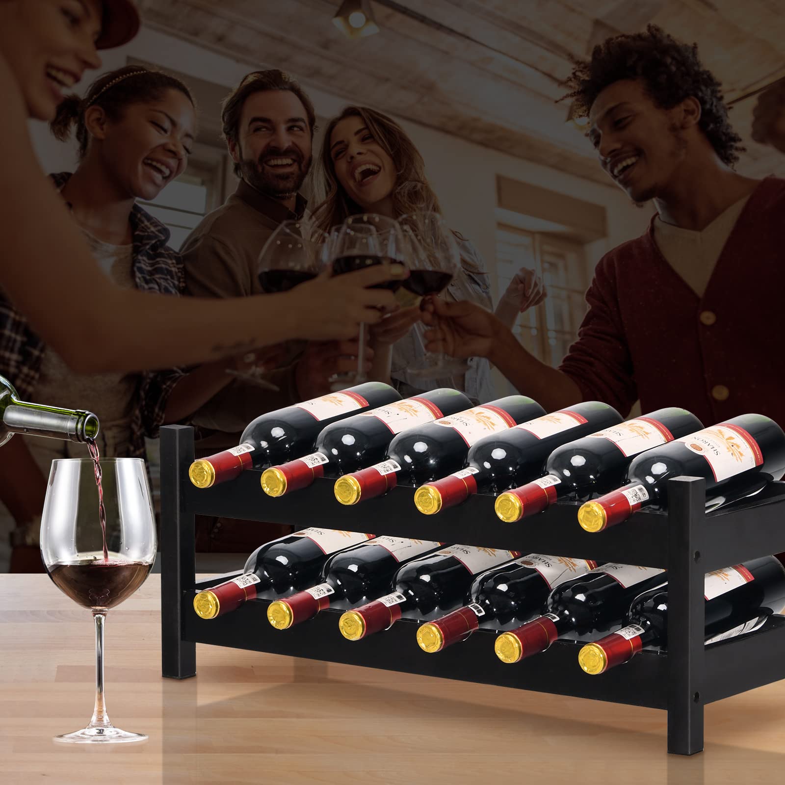 2-Tier 12 Bottles Bamboo Storage Shelf Wine Rack