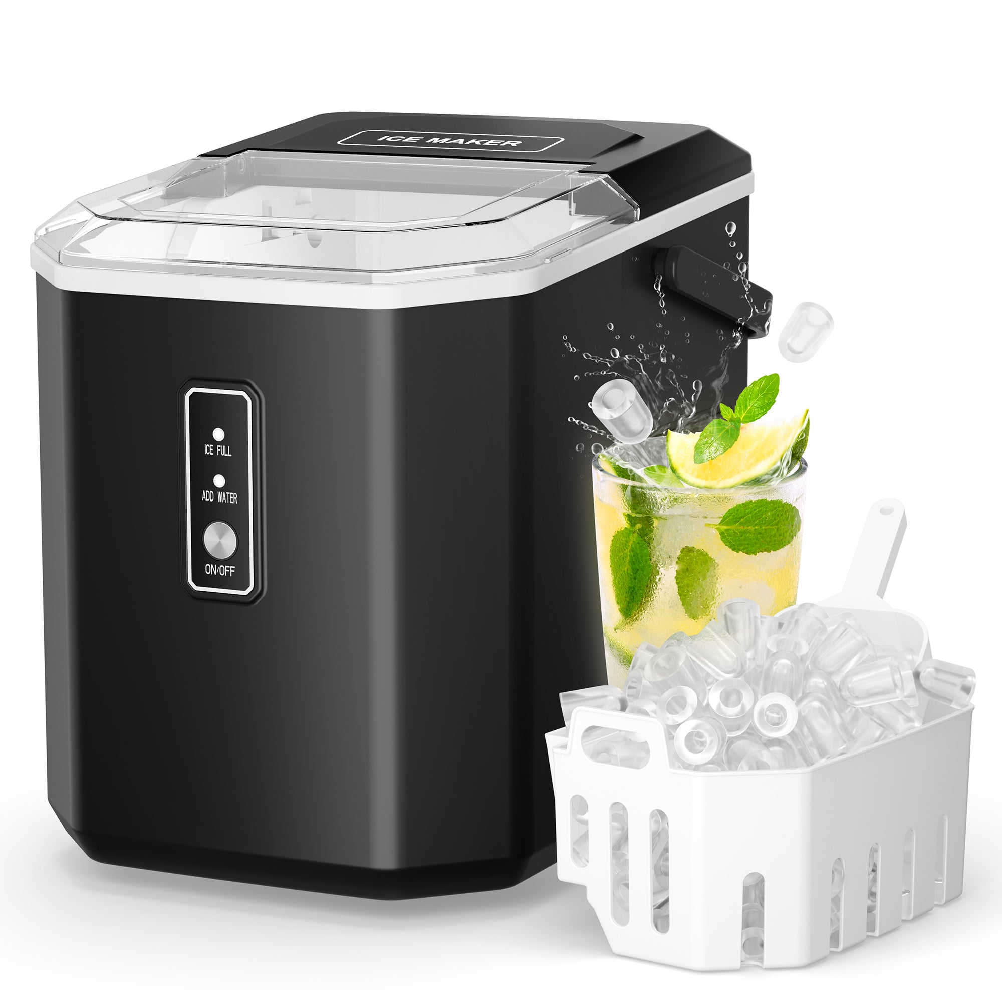 26 lbs Portable Countertop Self-Cleaning Ice Maker, 9 Bullet Cubes in 6 Mins with Handle