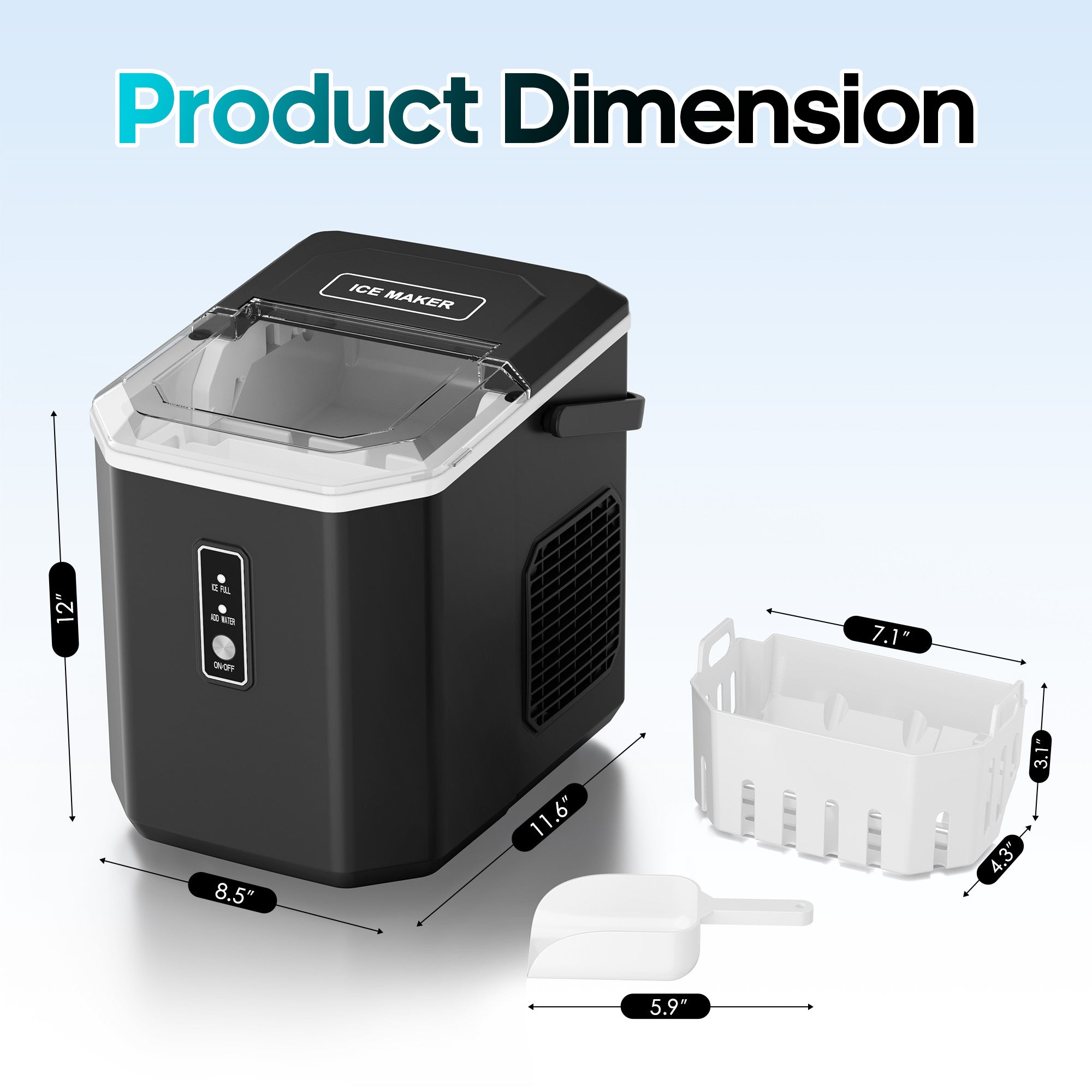 26 lbs Portable Countertop Self-Cleaning Ice Maker, 9 Bullet Cubes in 6 Mins with Handle