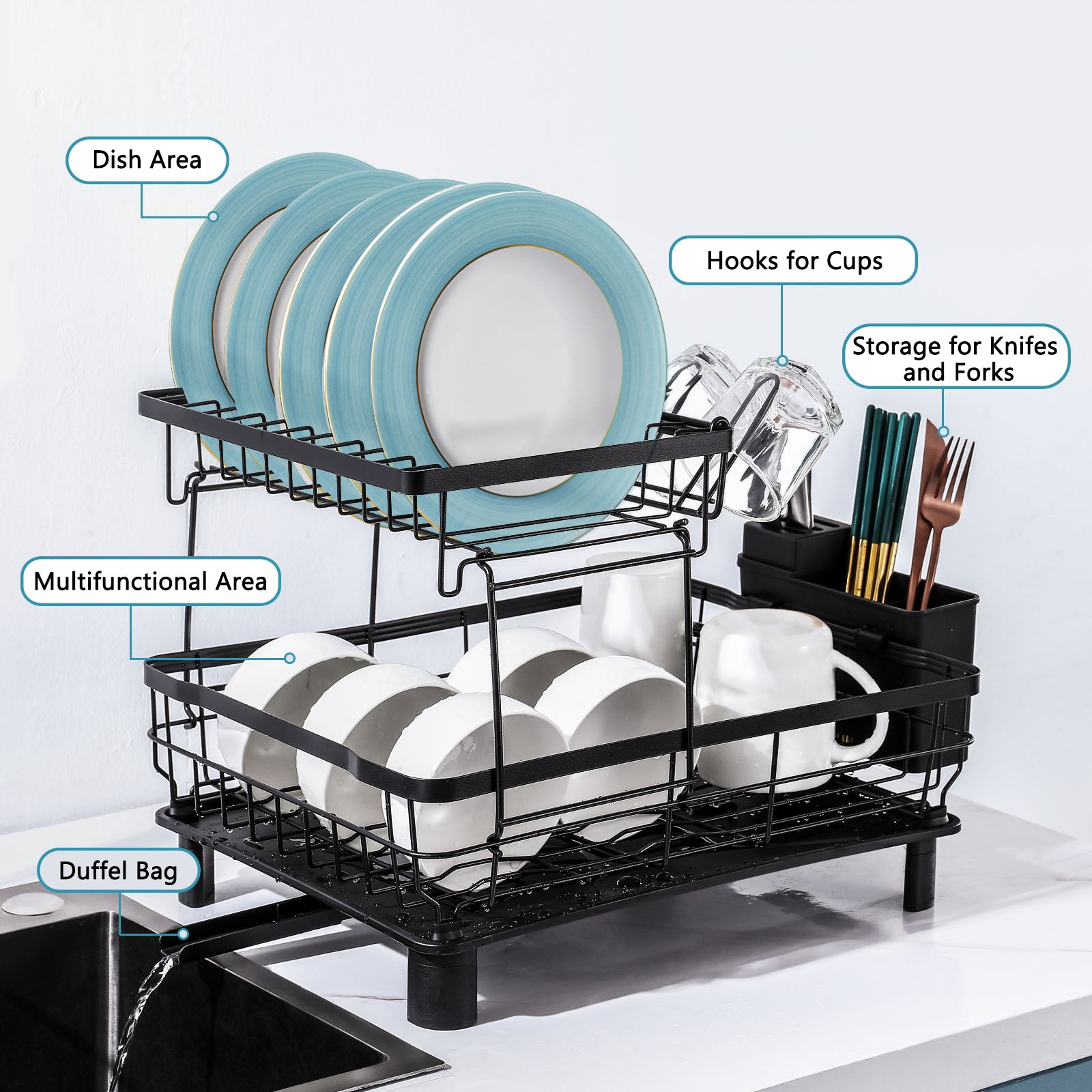 2-Tier Detachable Dish Drying Rack Stainless Steel Rack with Cutlery Box and Cup Holder