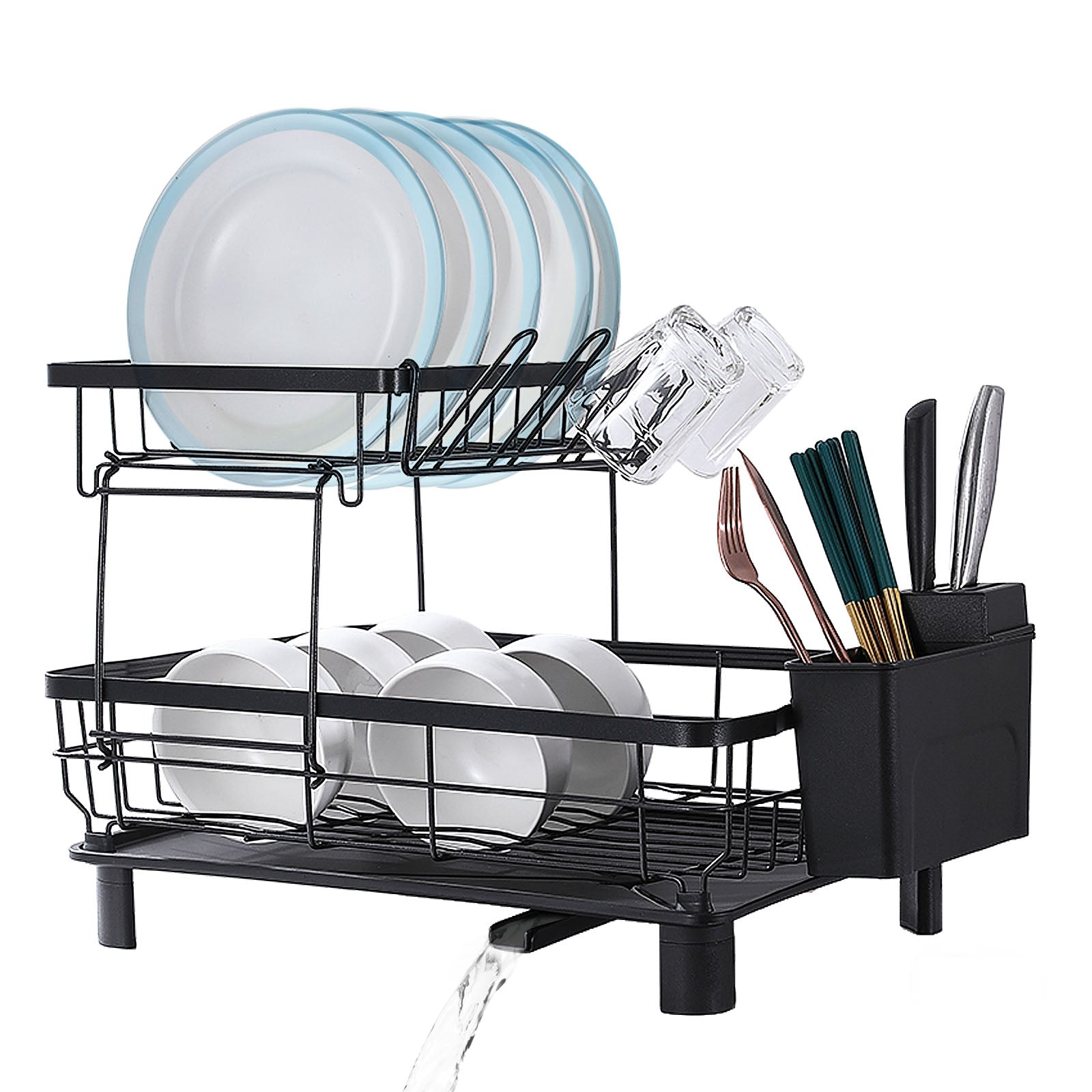 2-Tier Detachable Dish Drying Rack Stainless Steel Rack with Cutlery Box and Cup Holder