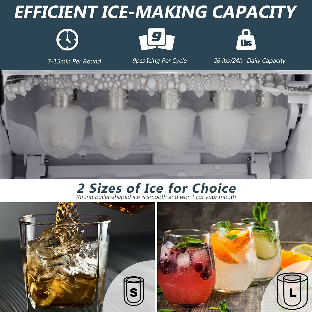 SUGIFT Stainless Steel 26 lbs/24 H Self-Clean Countertop Ice Maker Machine
