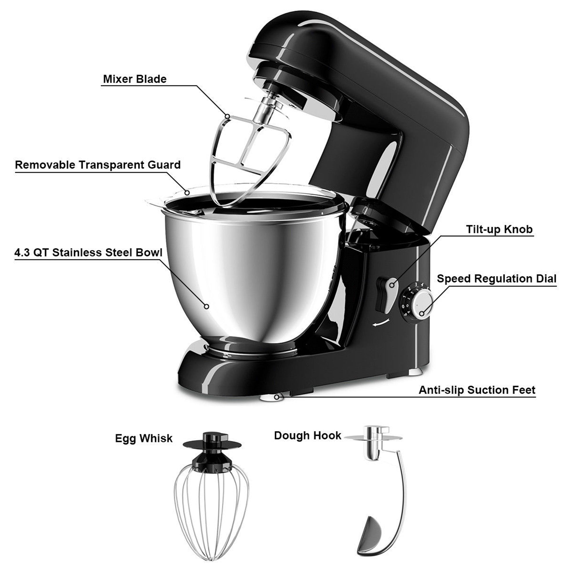 SUGIFT 4.3 Qt 550 W Tilt-Head Stainless Steel Bowl Electric Food Stand Mixer