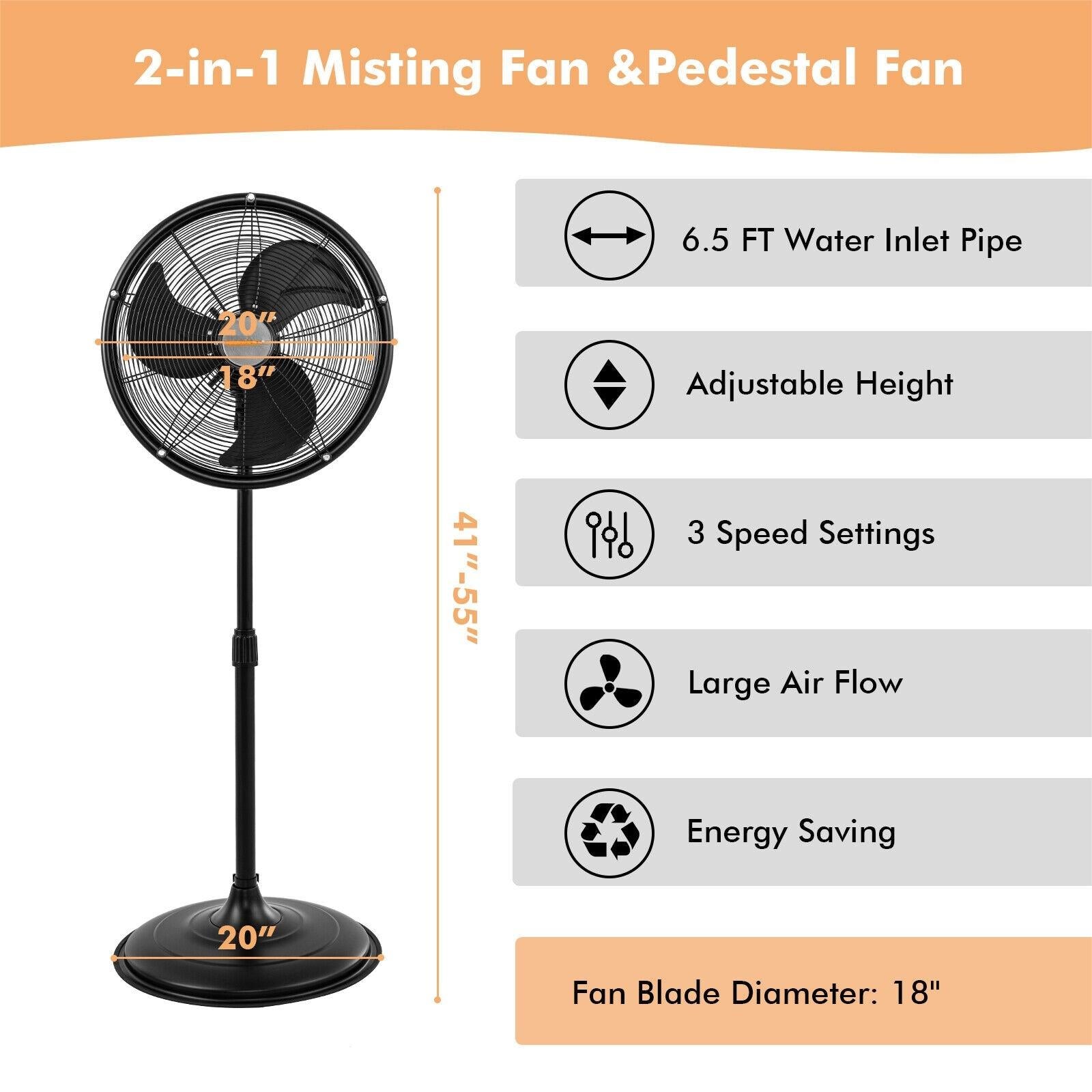 20 Inch Misting Fan 2100 CFM Outdoor Oscillating Cooling Pedestal Fan-Black
