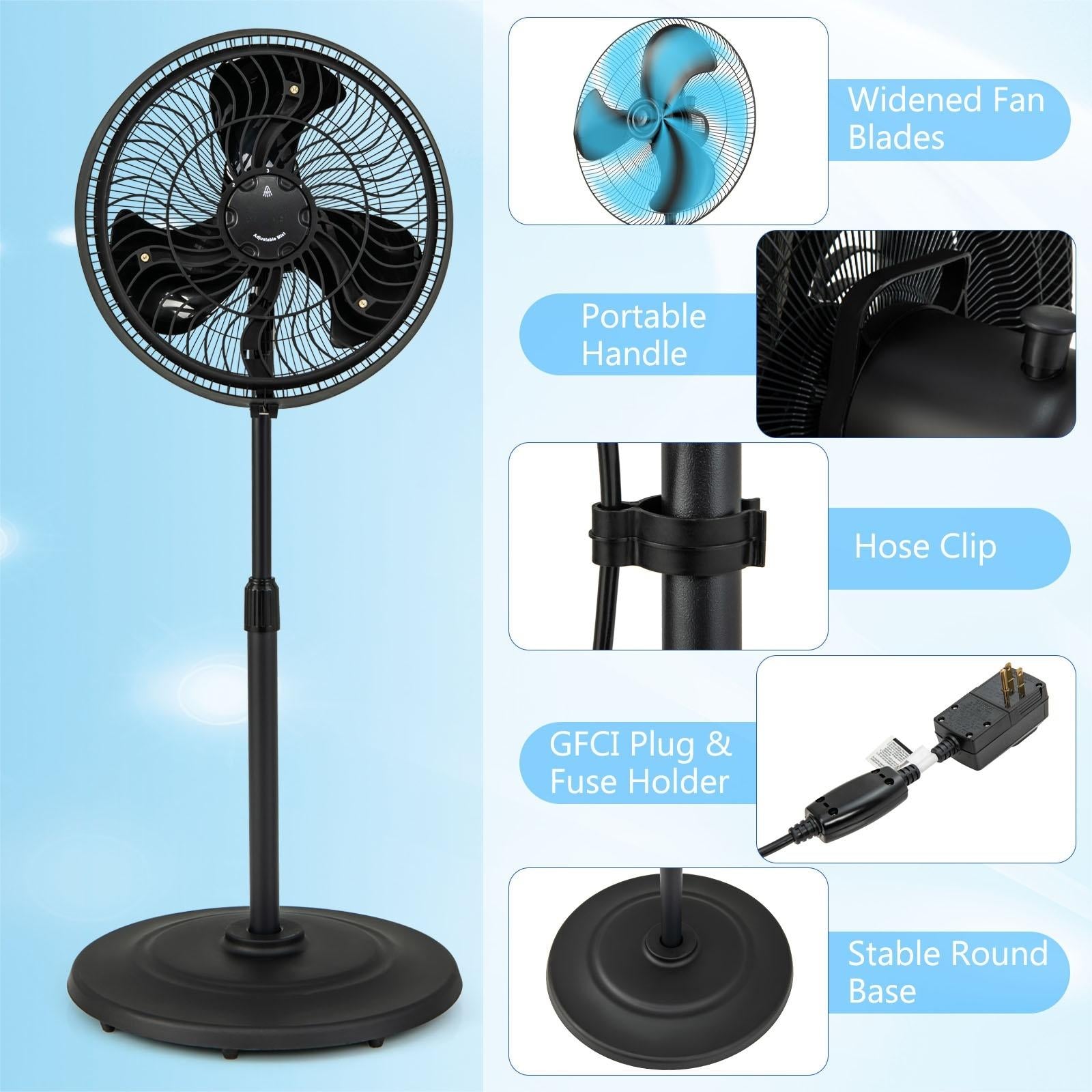 16 Inch Outdoor Misting Fan Oscillating Pedestal Fan with 3 Mist Levels
