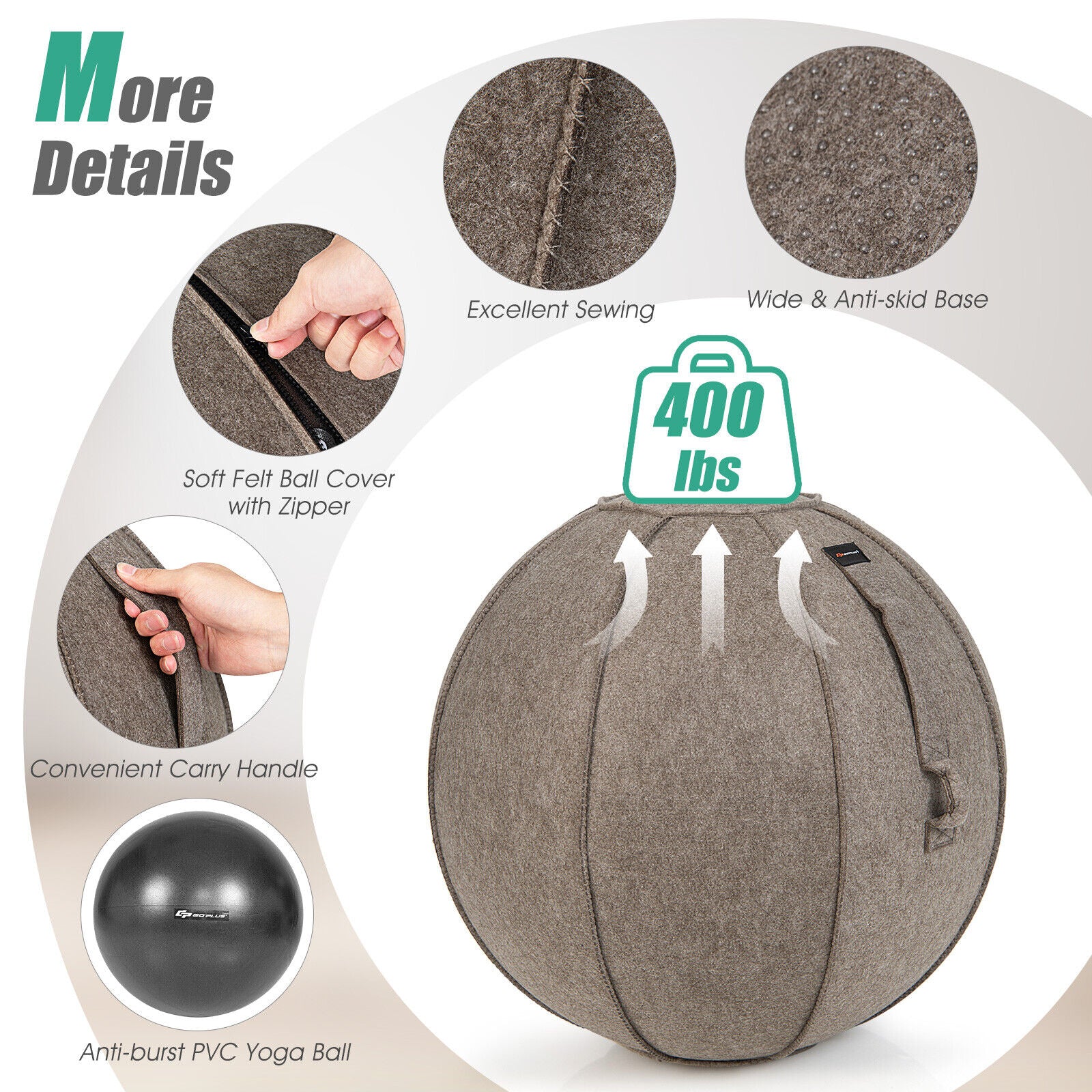 Yoga Sitting Ball with Felt Cover and Air Pump-Brown