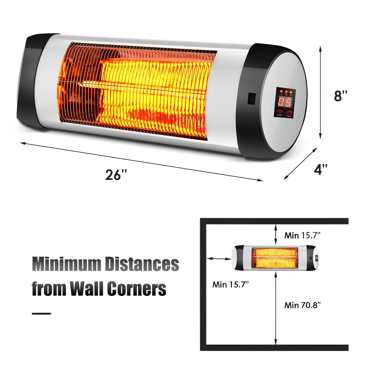 1500W Wall-Mounted Electric Heater Patio Infrared Heater with Remote Control