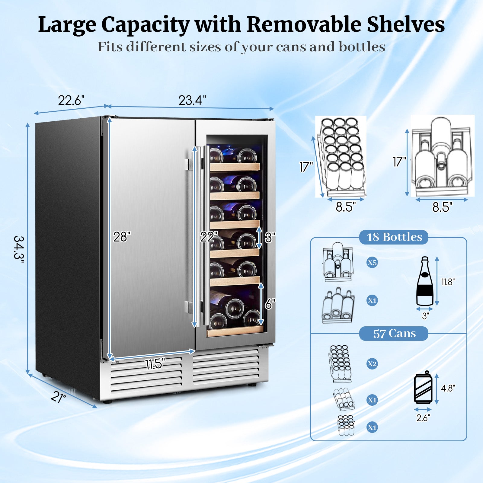 2-in-1 Beverage and Wine Cooler with Independent Temperature Control and LED Lights