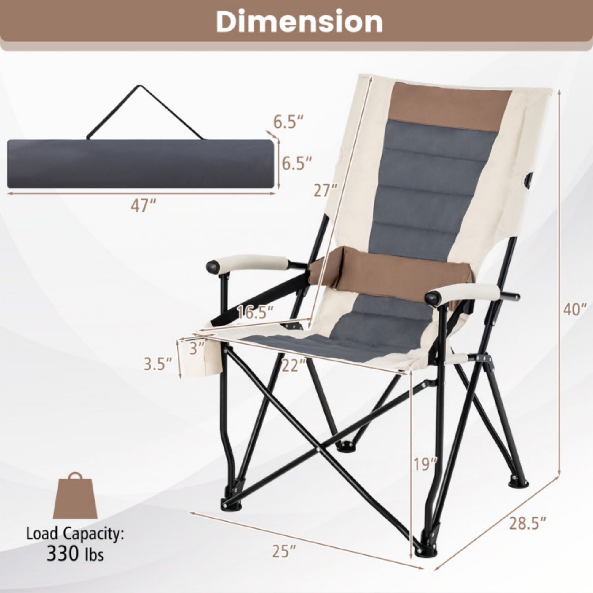 SUGIFT Folding Camping Chair with Cup Holder Armrest and Lumbar Pillow