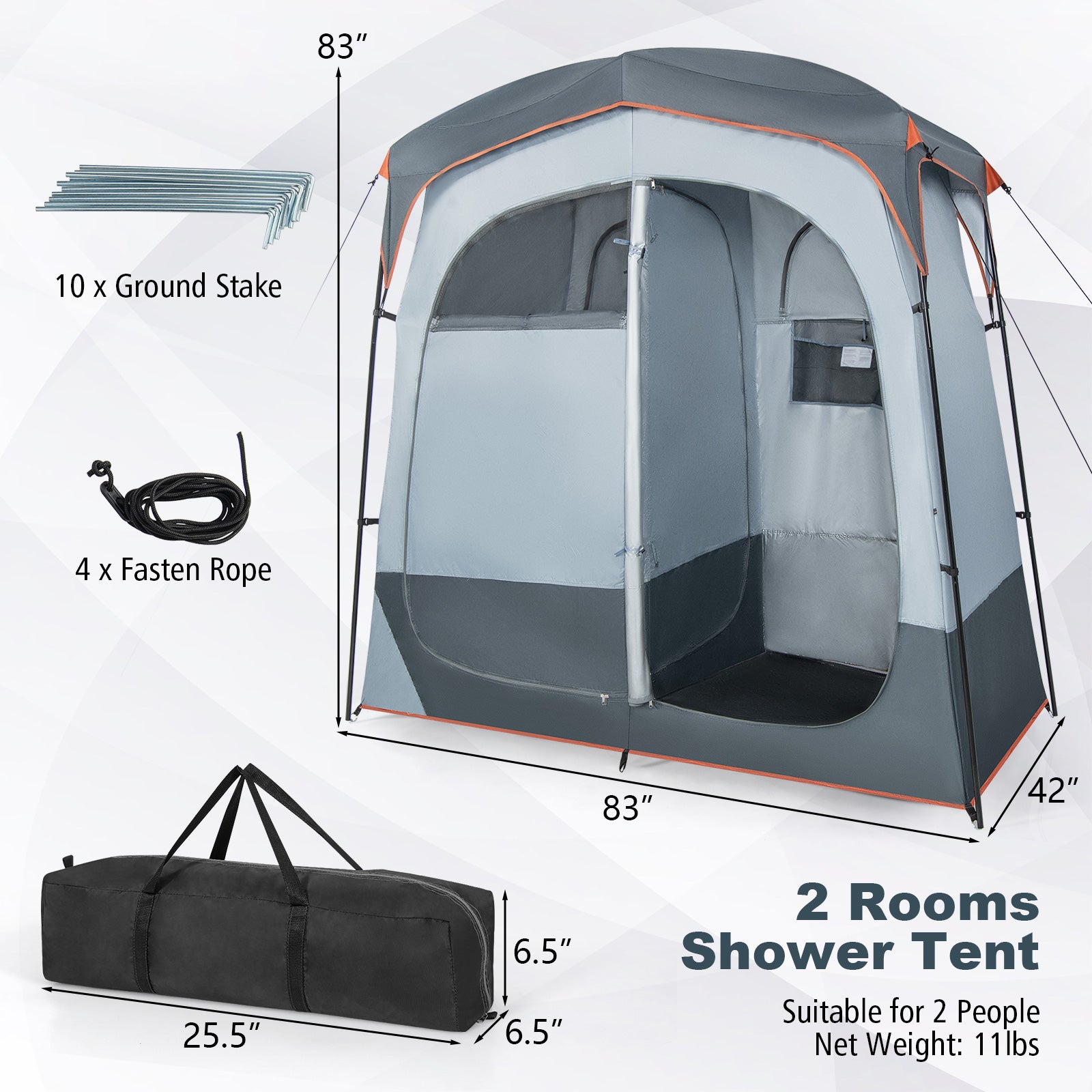 2 Rooms Oversize Privacy Shower Tent with Removable Rain Fly and Inside Pocket
