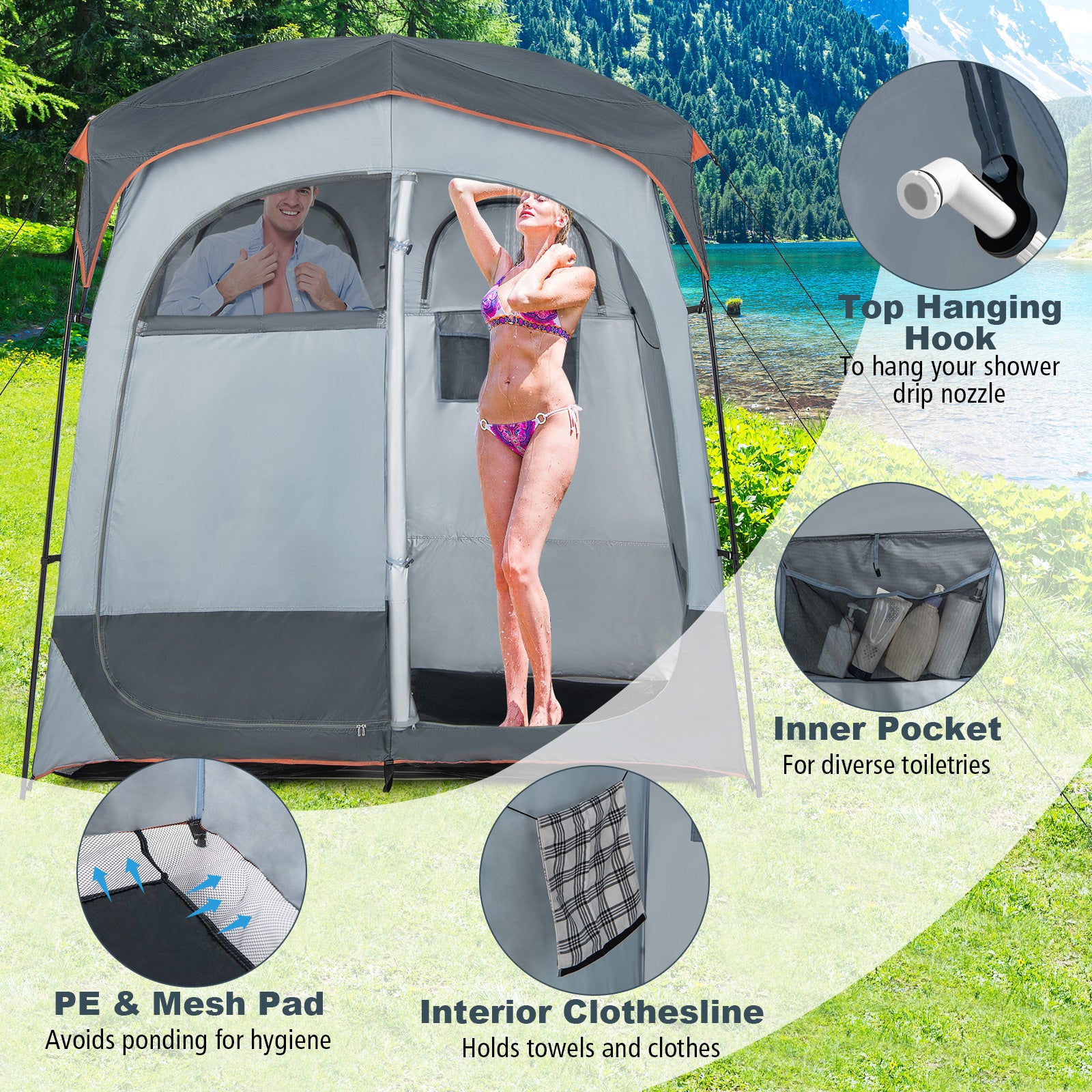2 Rooms Oversize Privacy Shower Tent with Removable Rain Fly and Inside Pocket