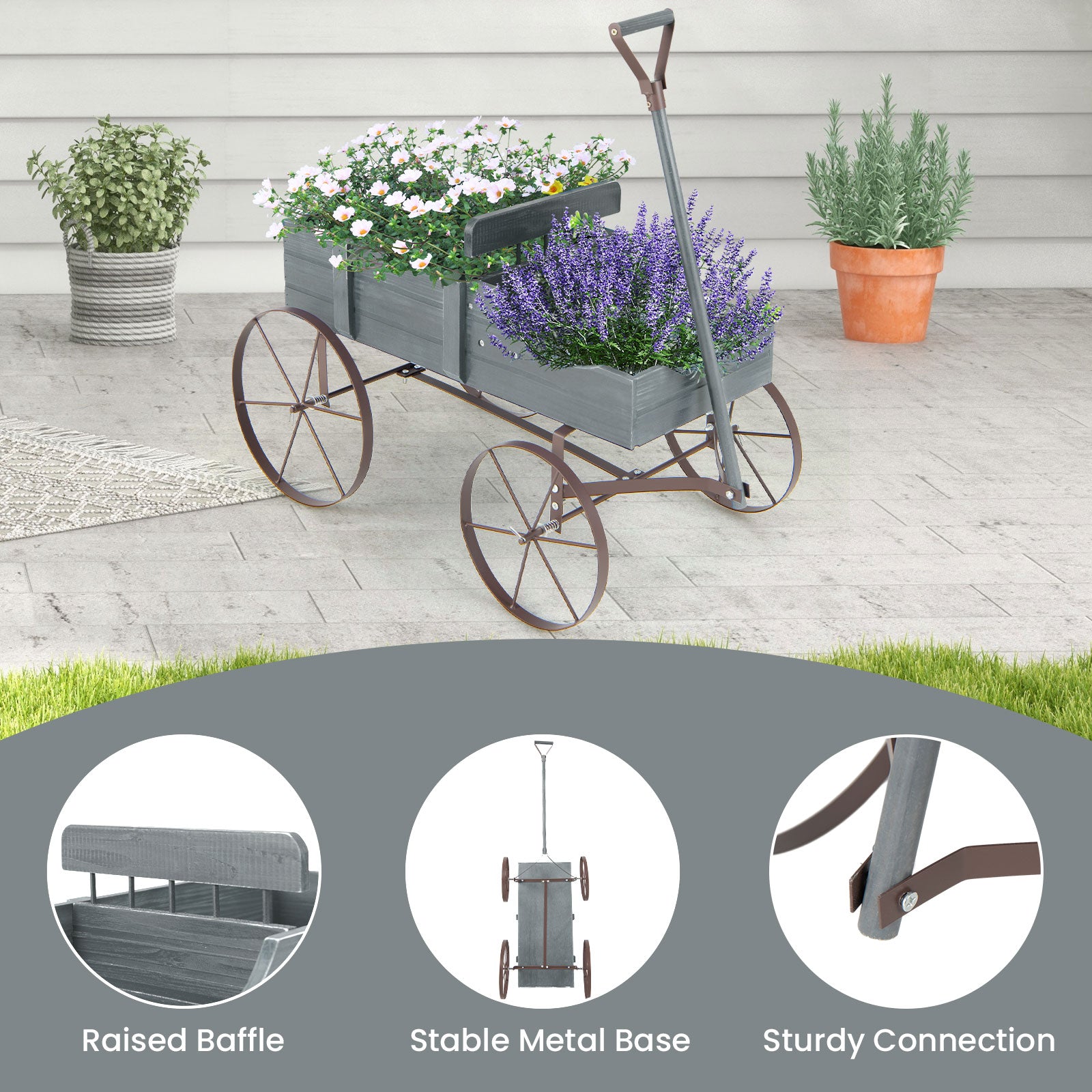 Wooden Wagon Plant Bed with Metal Wheels for Garden Yard Patio-Gray