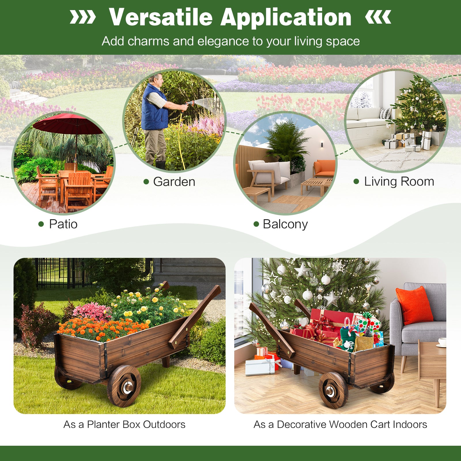 Wooden Wagon Planter Box with Wheels Handles and Drainage Hole-Rustic Brown