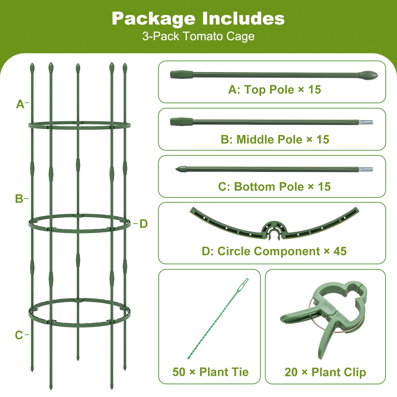 3-Pack Garden Trellis 40 Inch Tall Plant Support Stands with Clips and Ties-M