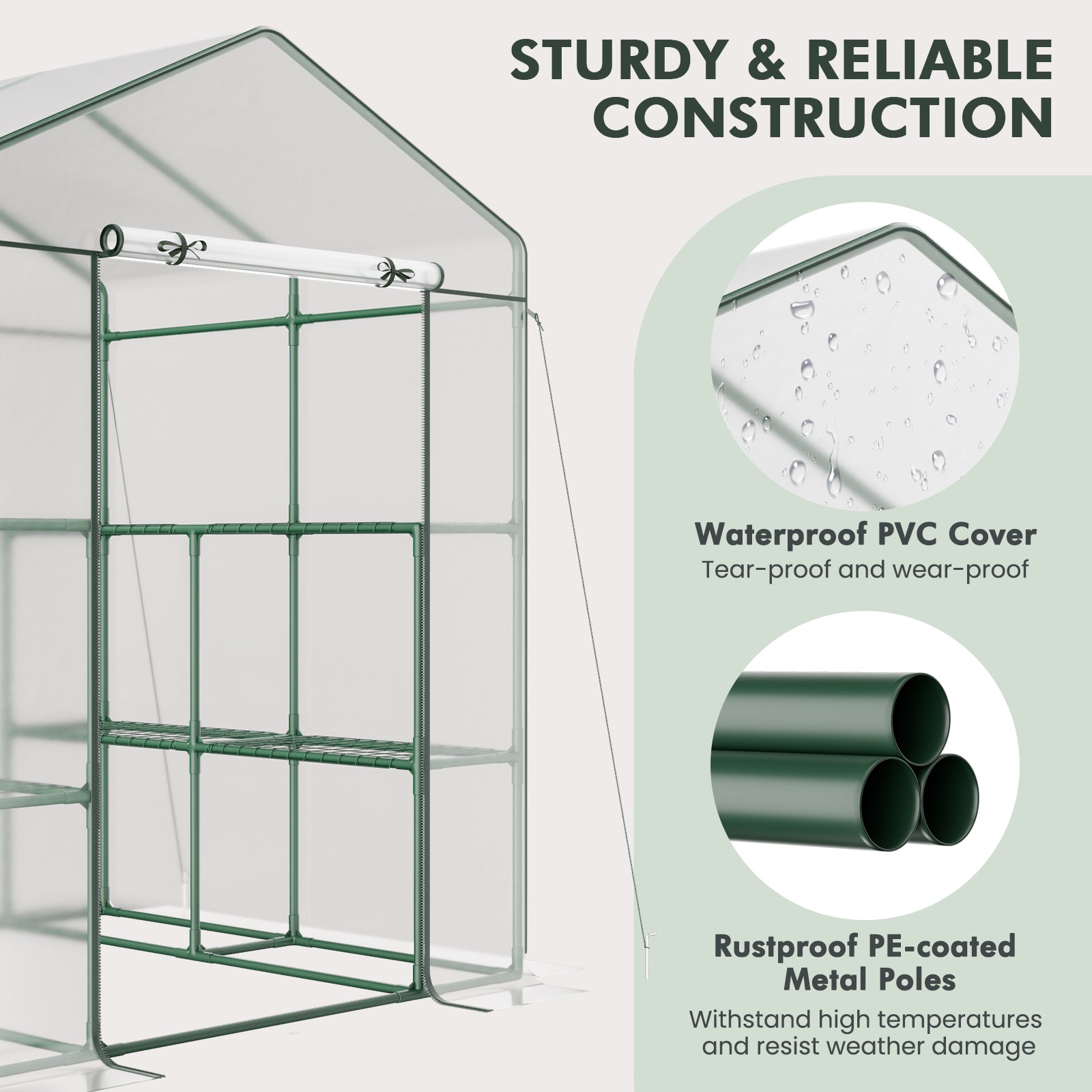 Walk-in Greenhouse with 3 Tiers 8 Shelves PVC Cover Roll-up Zippered Door