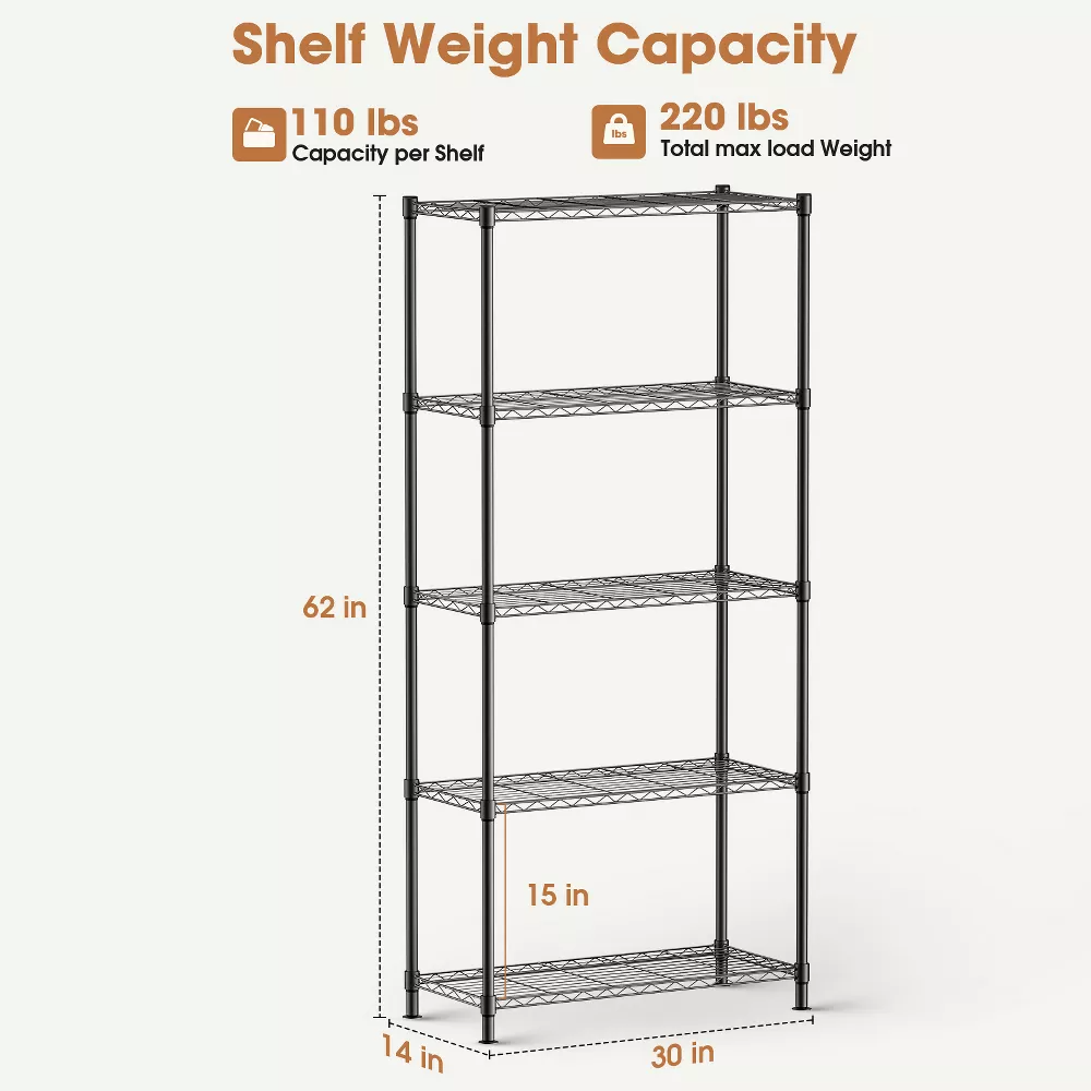 SUGIFT 5 Tier Wide Wire Shelving Heavy Duty Storage Shelves Unit Storage Shelf