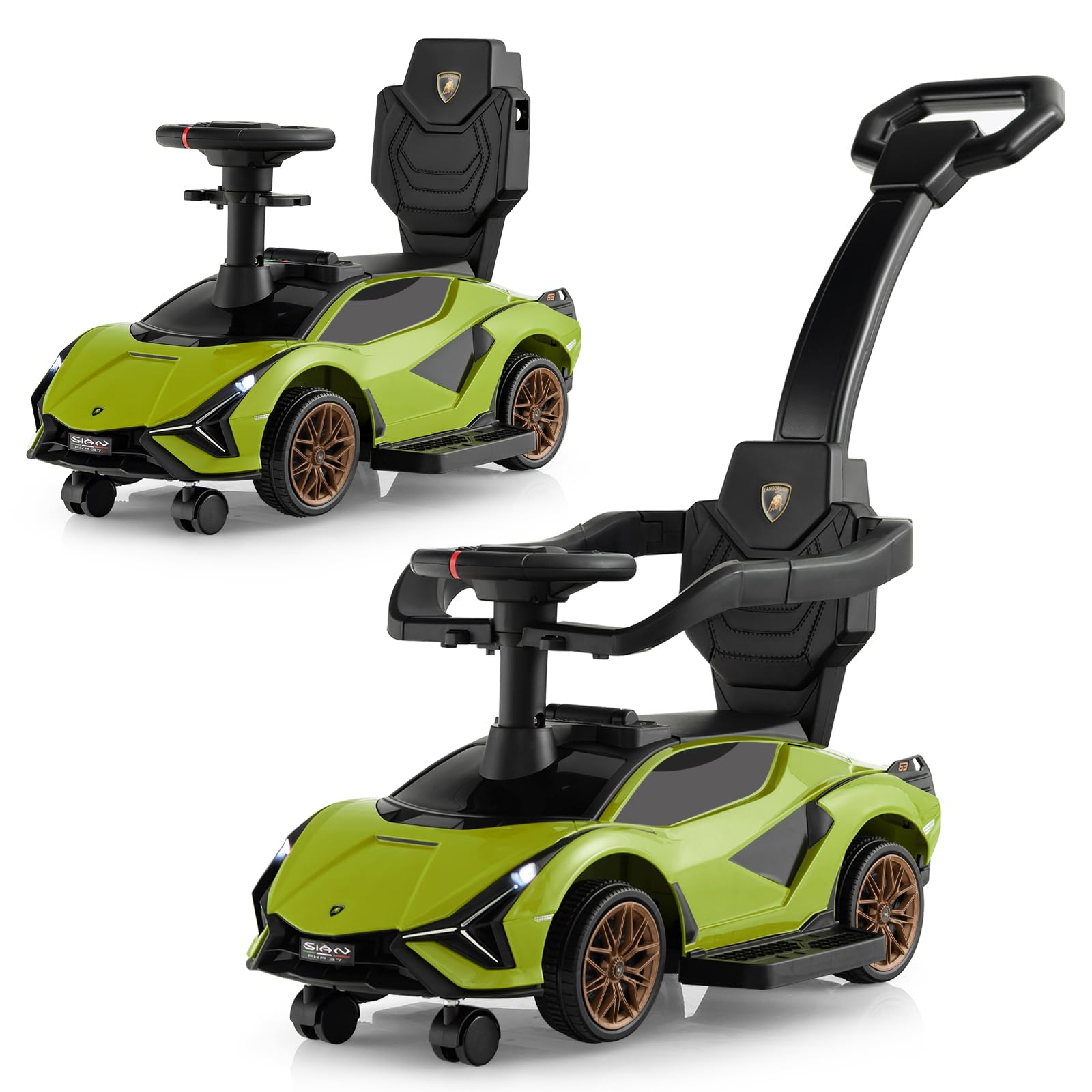 3 in 1 Licensed Lamborghini Ride Walking Toy Stroller-Green