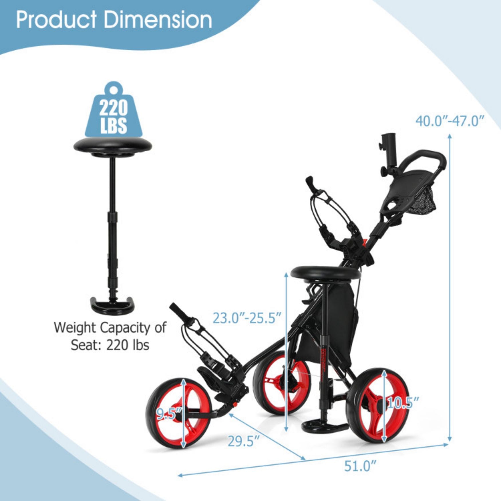 3 Wheel Folding Golf Push Cart with Seat Scoreboard and Adjustable Handle