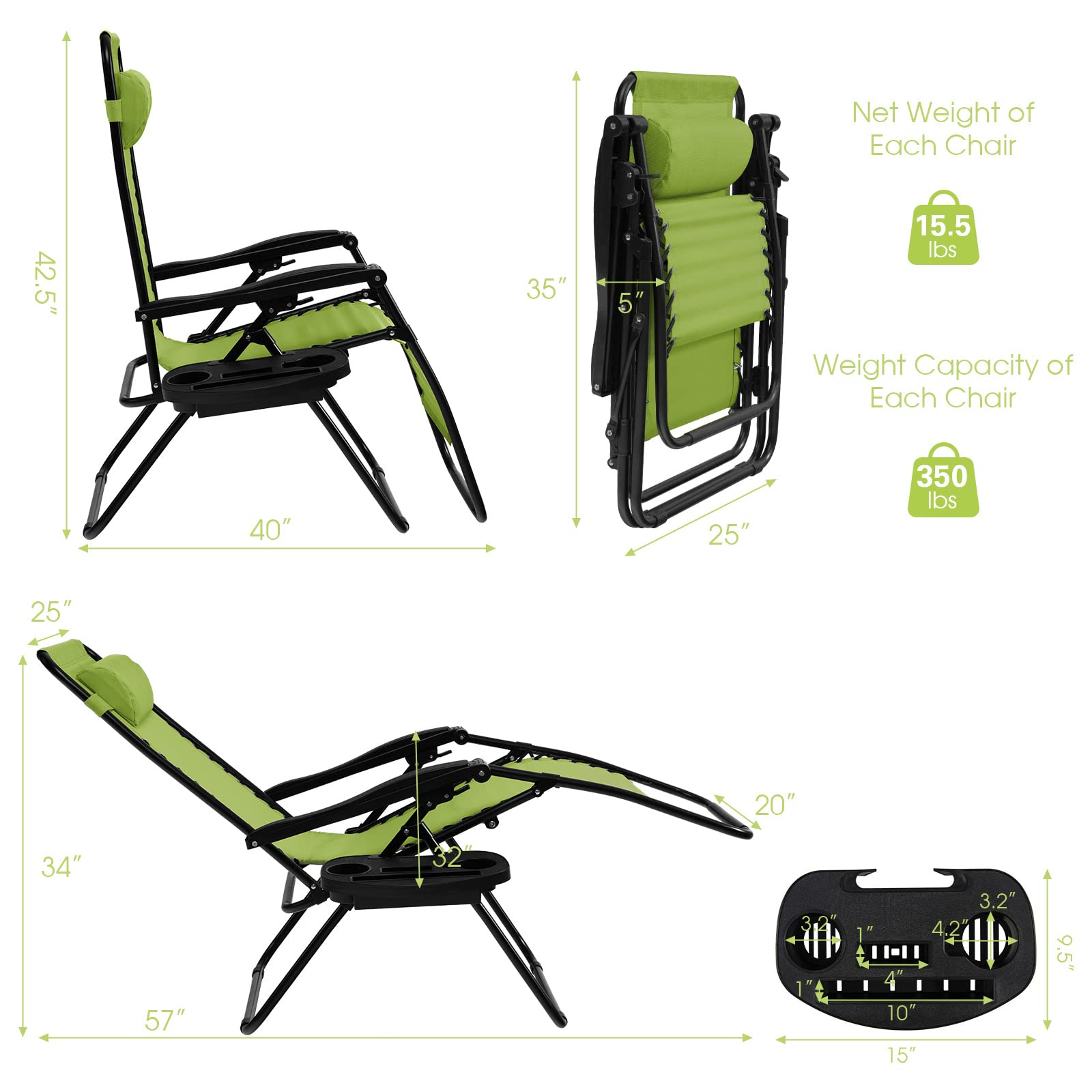 SUGIFT 2 Pieces Folding Lounge Chair with Zero Gravity
