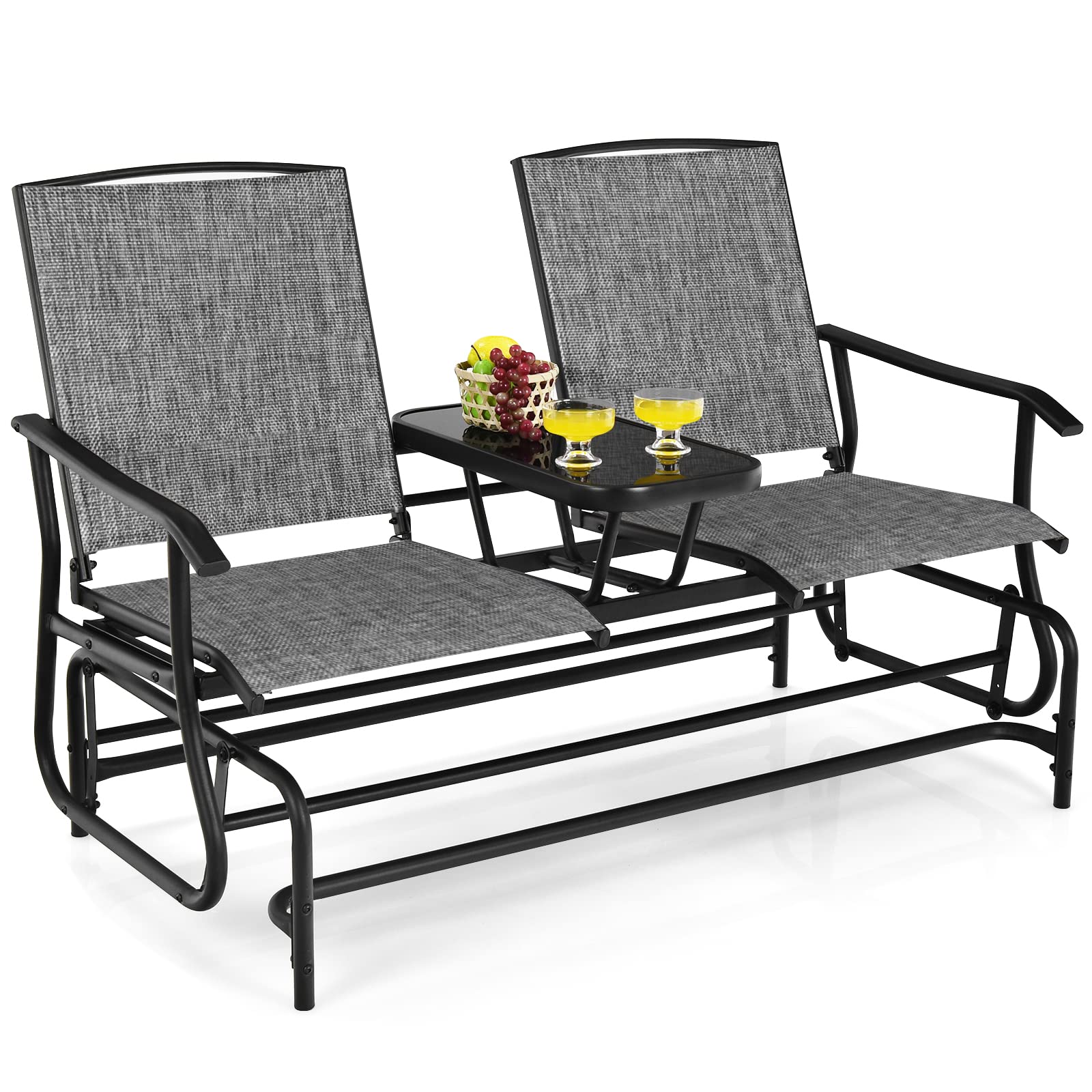SUGIFT 2-Person Double Rocking Loveseat with Mesh Fabric and Center Tempered Glass Table