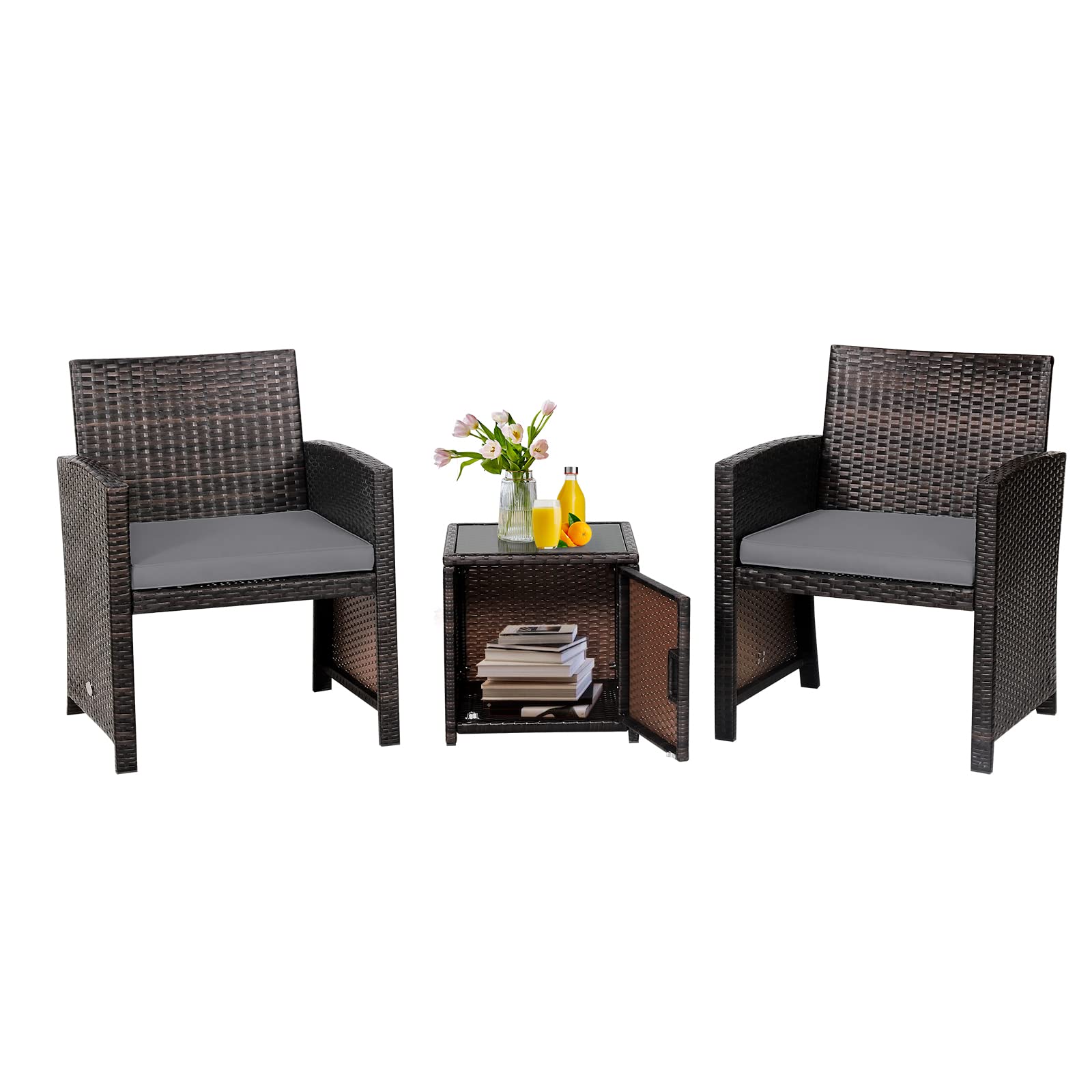 3 Pieces Patio Wicker Furniture Set with Storage Table and Protective Cover